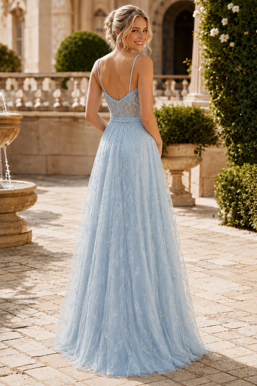 Arisette A Line V Neck Floor Length Tulle Prom Dress- Style
