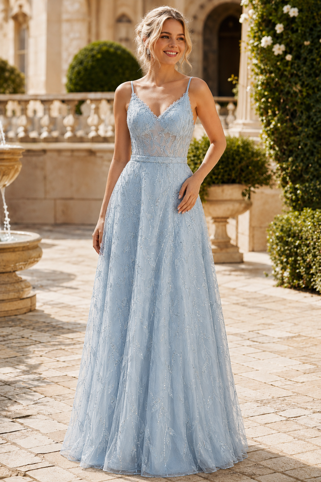 Arisette A Line V Neck Floor Length Tulle Prom Dress- Style