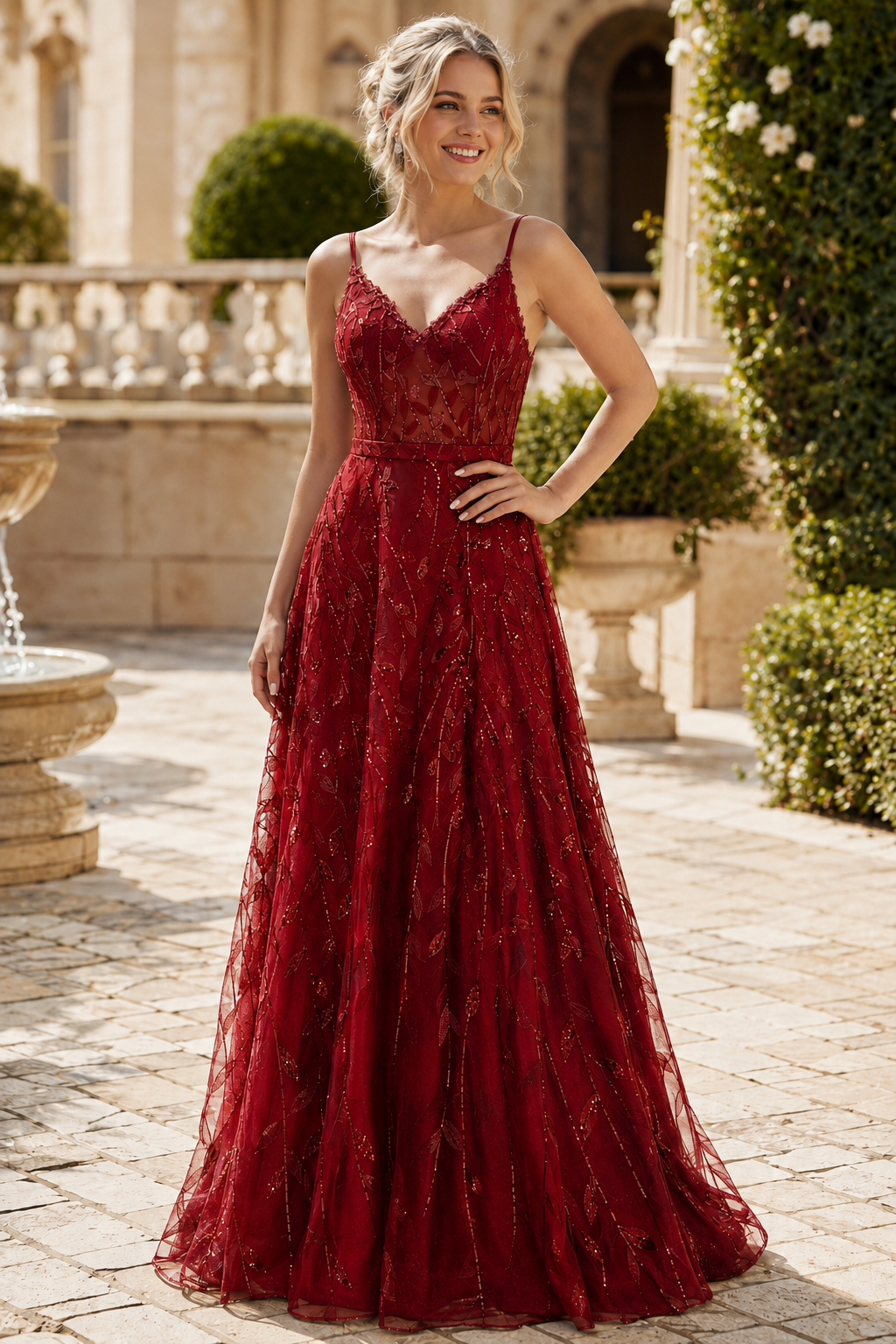Arisette A Line V Neck Floor Length Tulle Prom Dress- Style