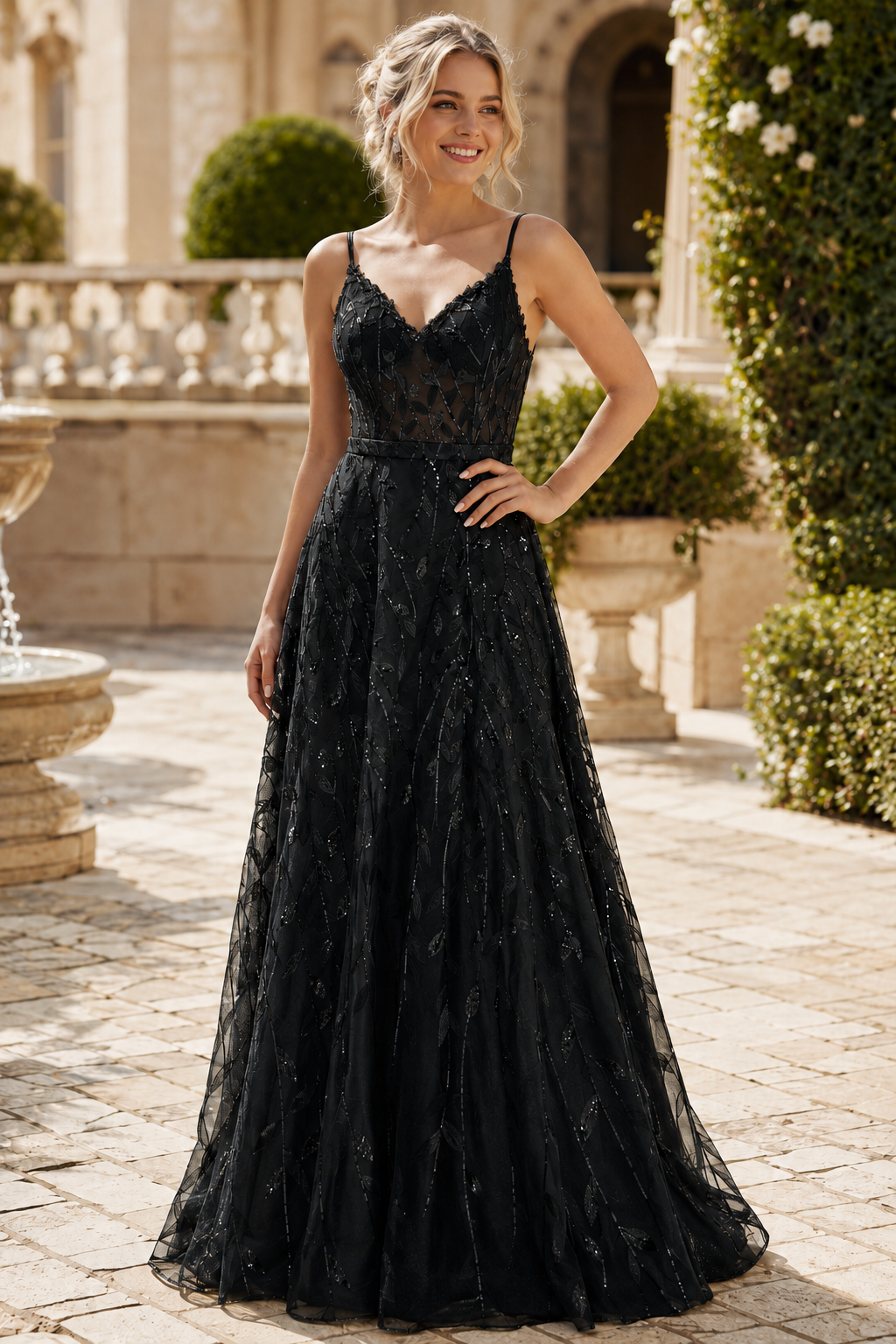 Arisette A Line V Neck Floor Length Tulle Prom Dress- Style