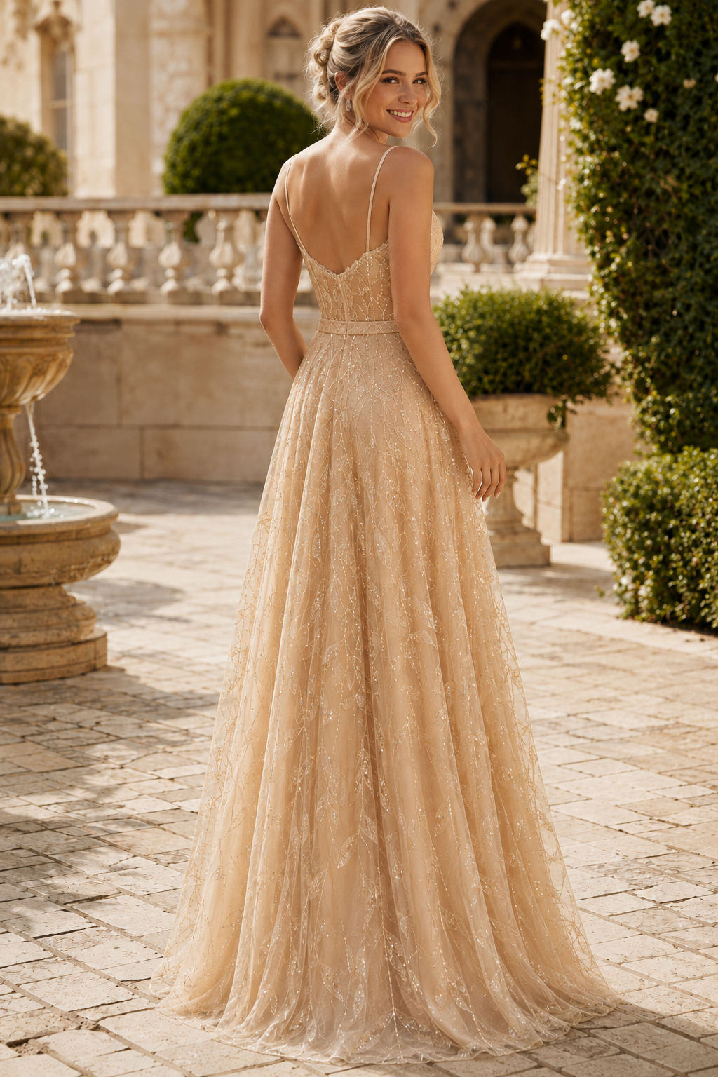 Arisette A Line V Neck Floor Length Tulle Prom Dress- Style