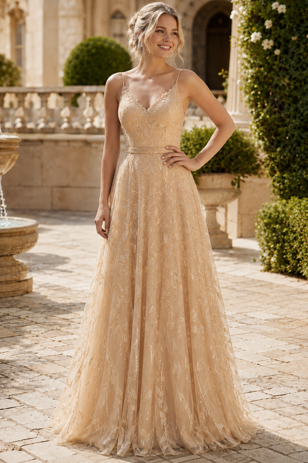 Arisette A Line V Neck Floor Length Tulle Prom Dress- Style
