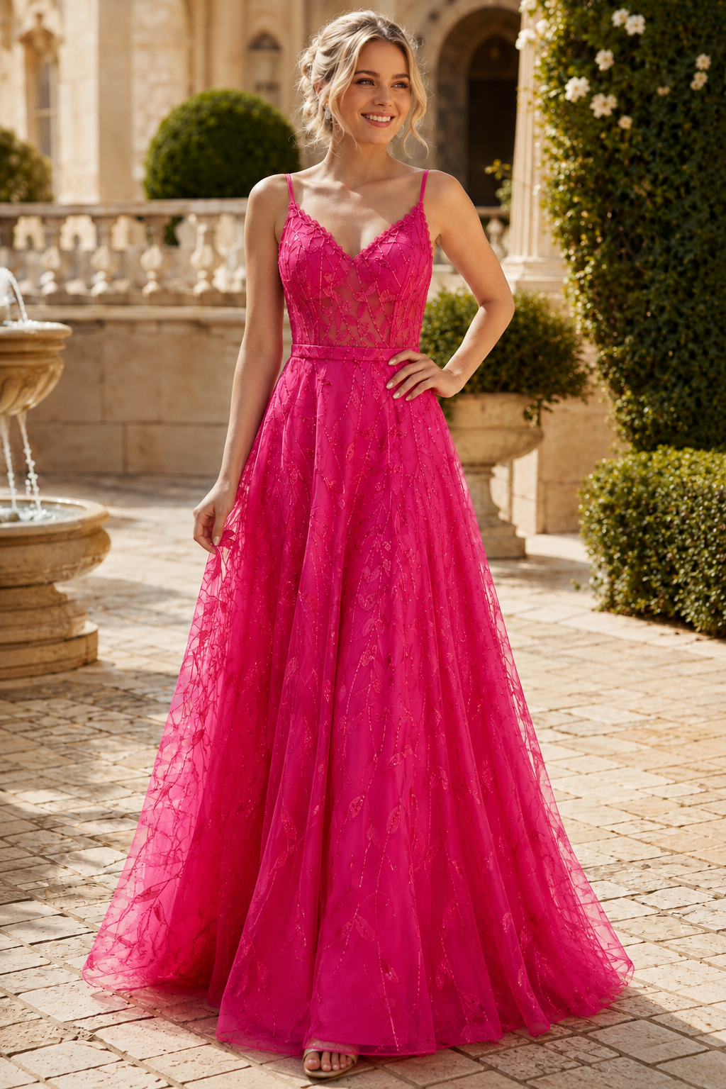 Arisette A Line V Neck Floor Length Tulle Prom Dress- Style
