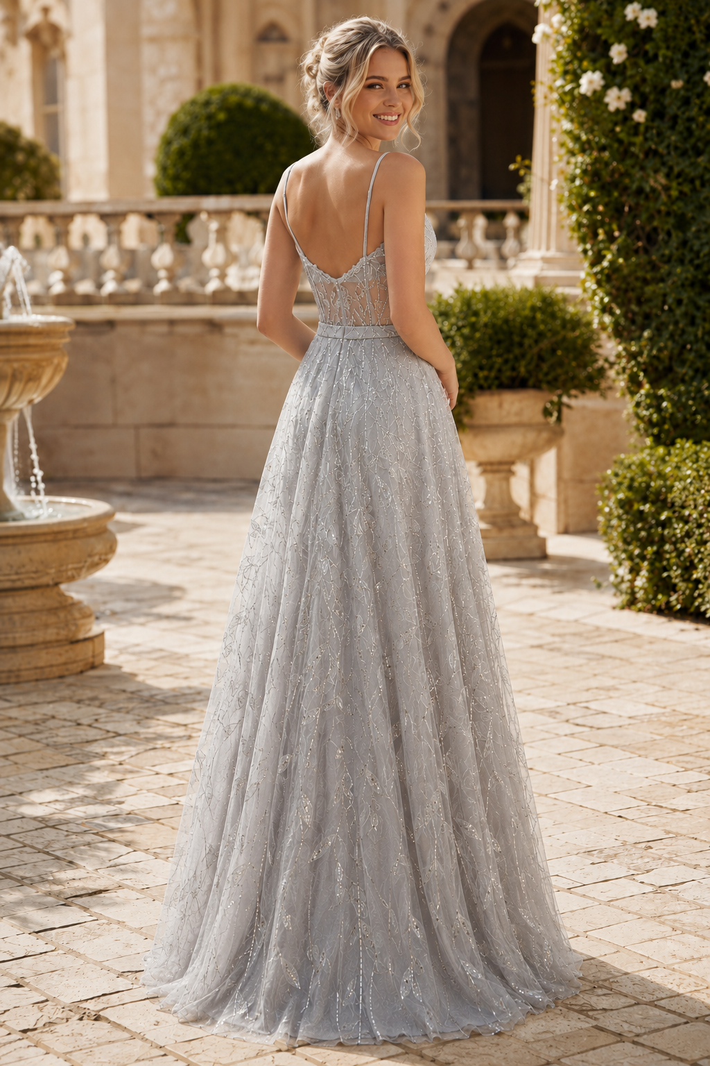 Arisette A Line V Neck Floor Length Tulle Prom Dress- Style