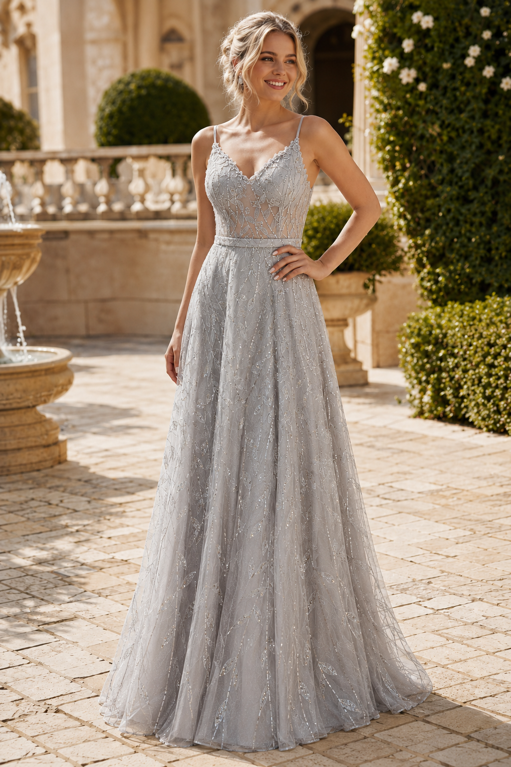 Arisette A Line V Neck Floor Length Tulle Prom Dress- Style