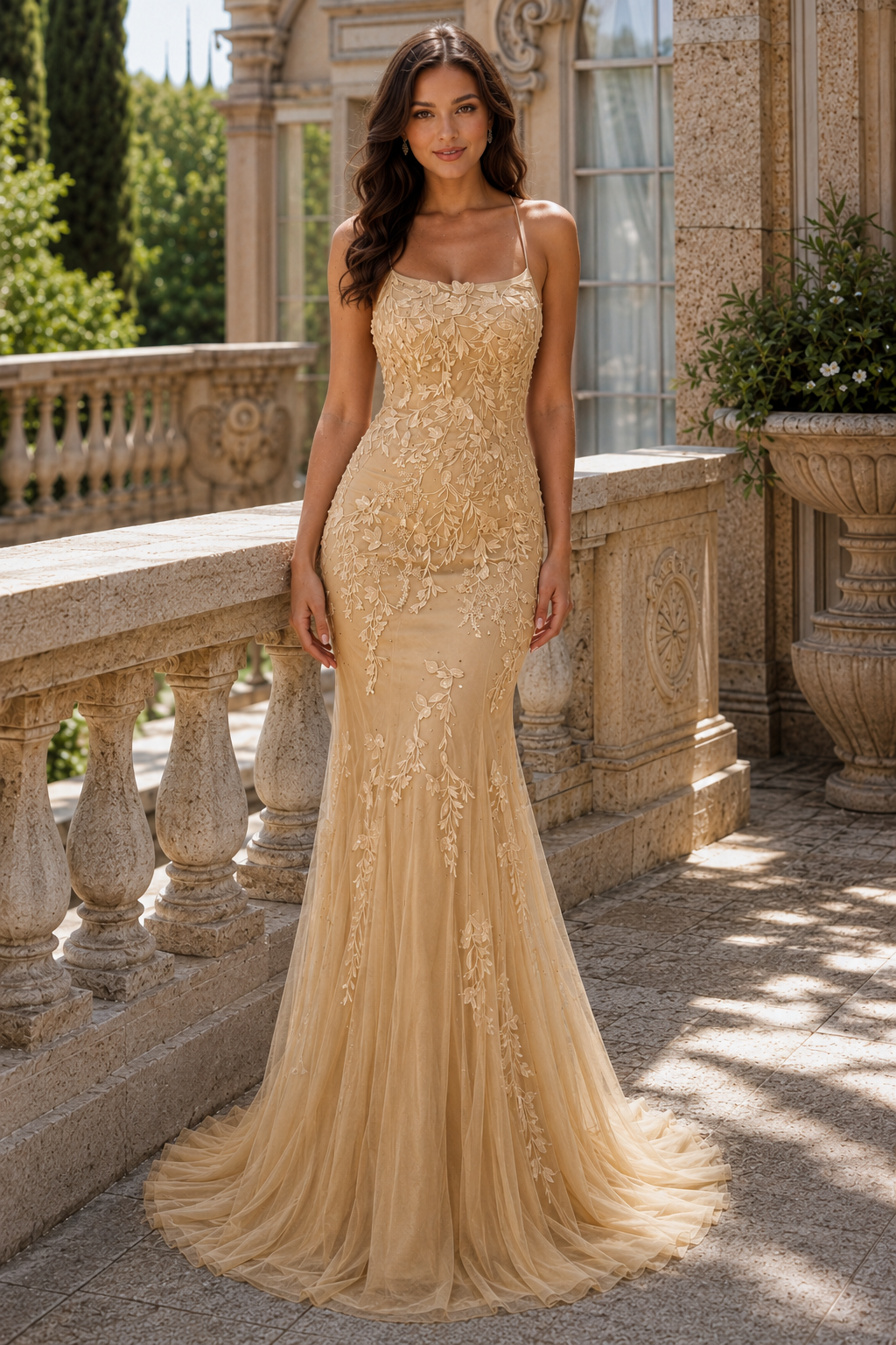 Estlora Mermaid Square Neckline Sweep Train Tulle Prom Dress