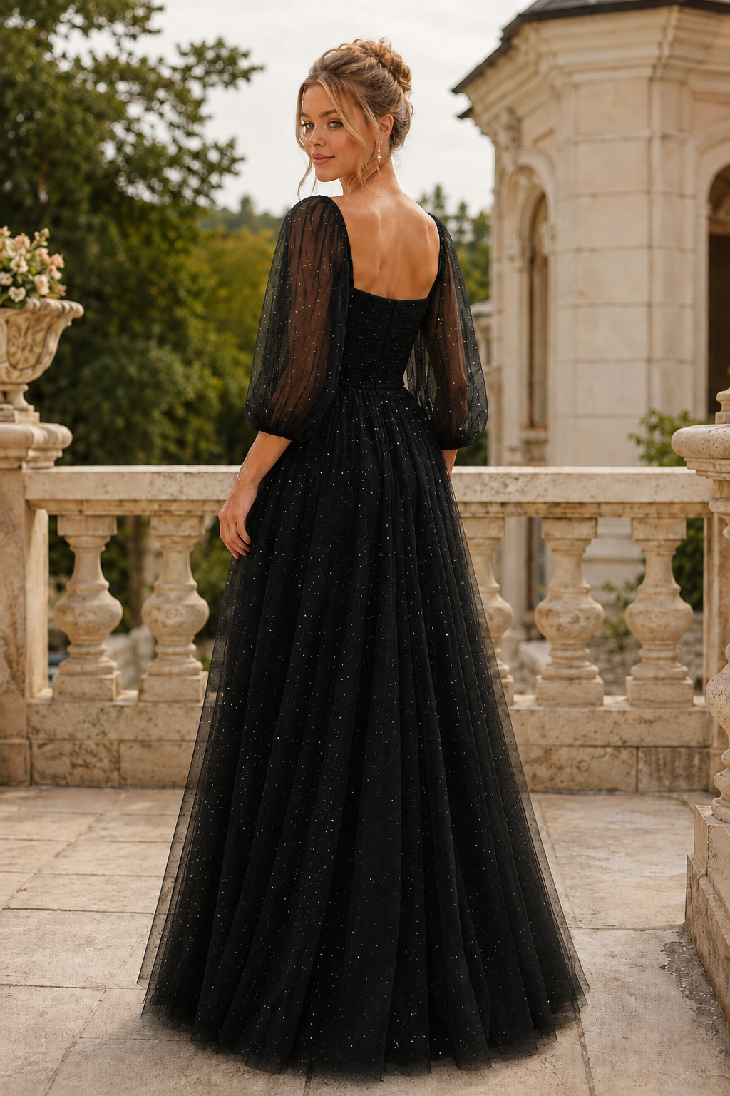 Kalsette A Line Square Neckline 3 4 Sleeve Floor Length Tulle Prom Dress