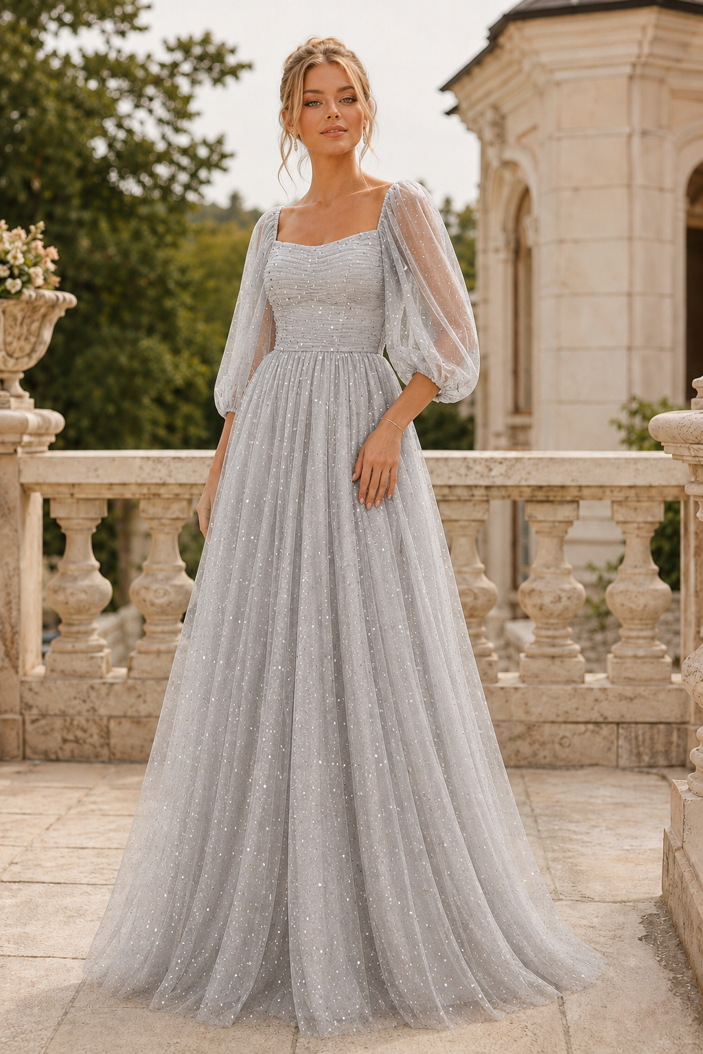 Kalsette A Line Square Neckline 3 4 Sleeve Floor Length Tulle Prom Dress