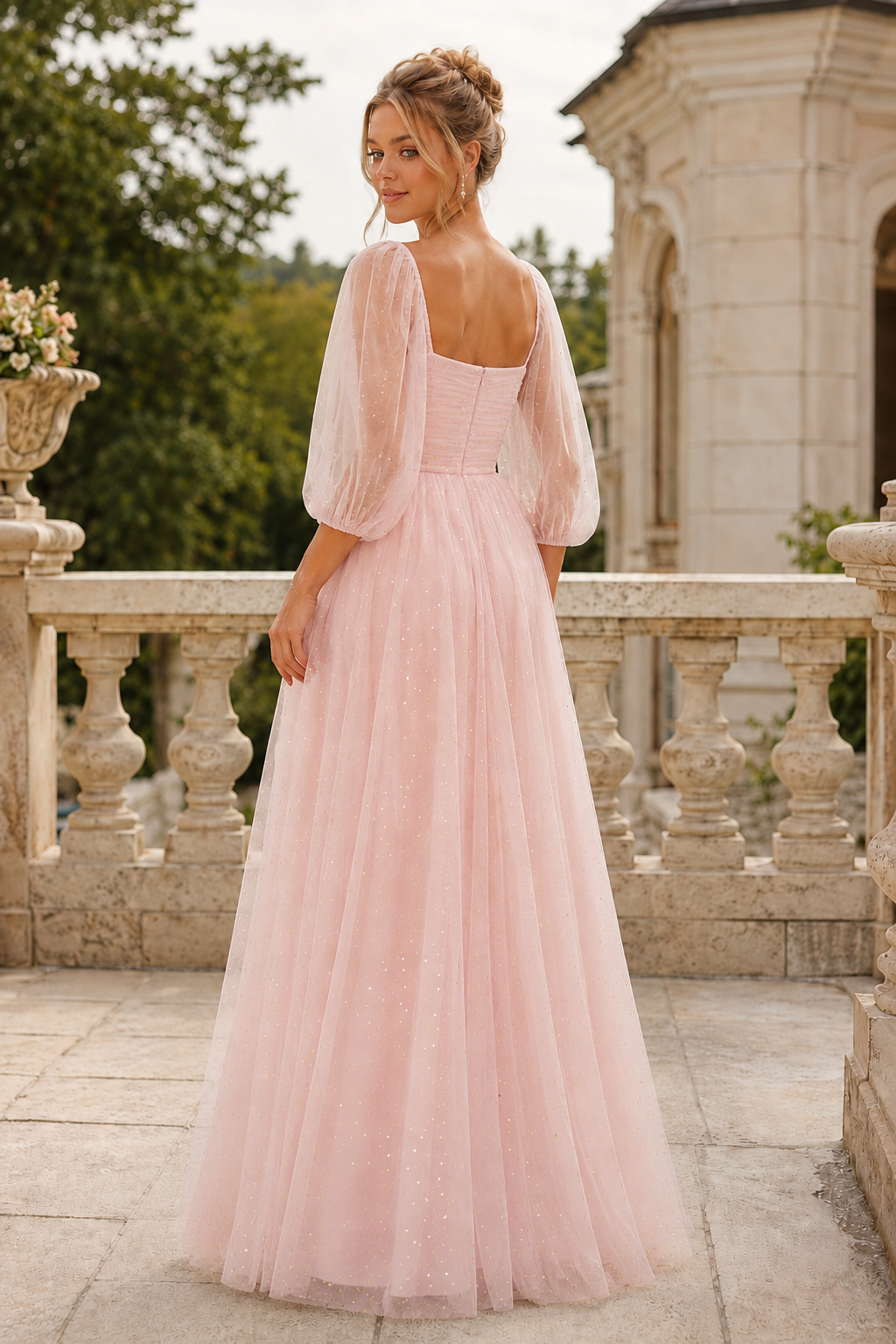 Kalsette A Line Square Neckline 3 4 Sleeve Floor Length Tulle Prom Dress