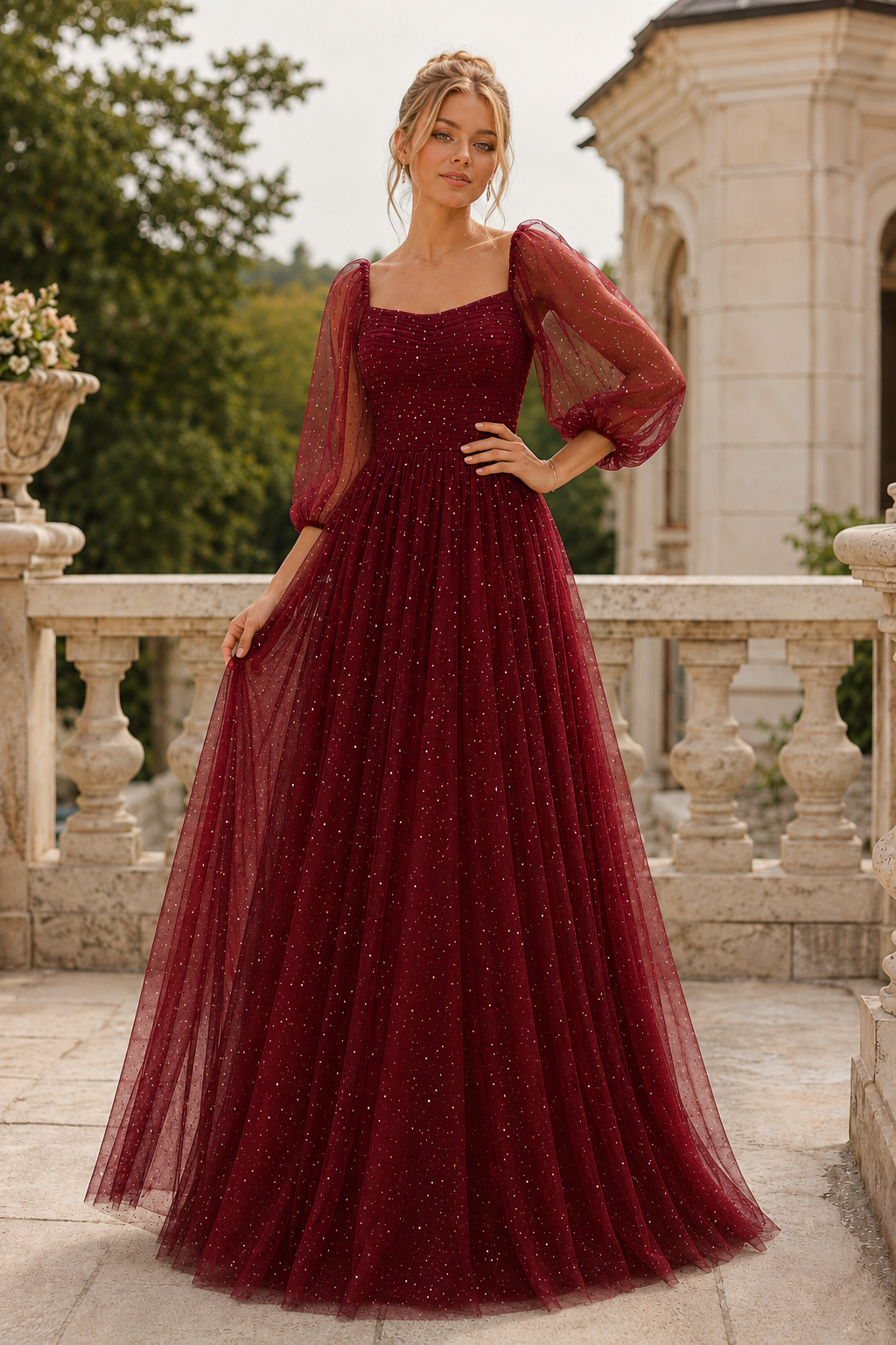 Kalsette A Line Square Neckline 3 4 Sleeve Floor Length Tulle Prom Dress