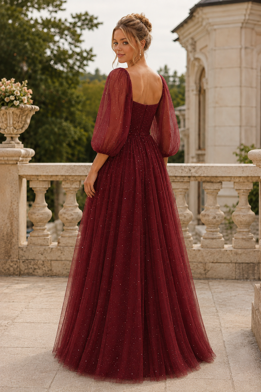 Kalsette A Line Square Neckline 3 4 Sleeve Floor Length Tulle Prom Dress