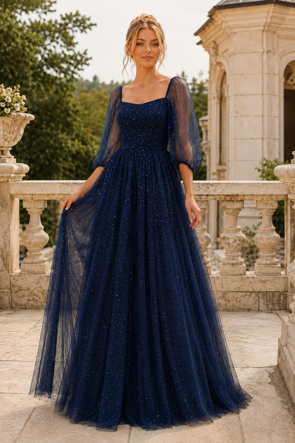 Kalsette A Line Square Neckline 3 4 Sleeve Floor Length Tulle Prom Dress