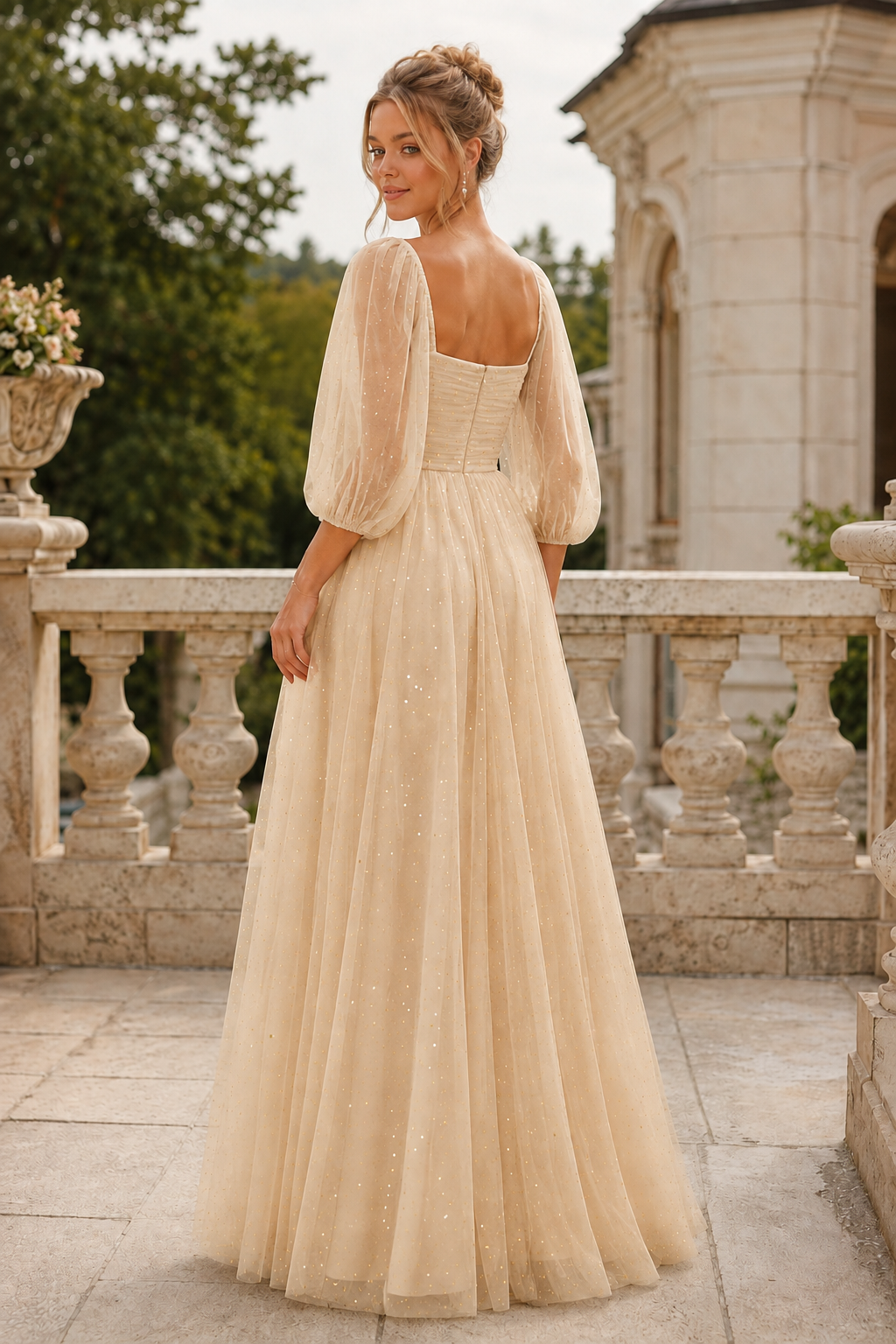 Kalsette A Line Square Neckline 3 4 Sleeve Floor Length Tulle Prom Dress