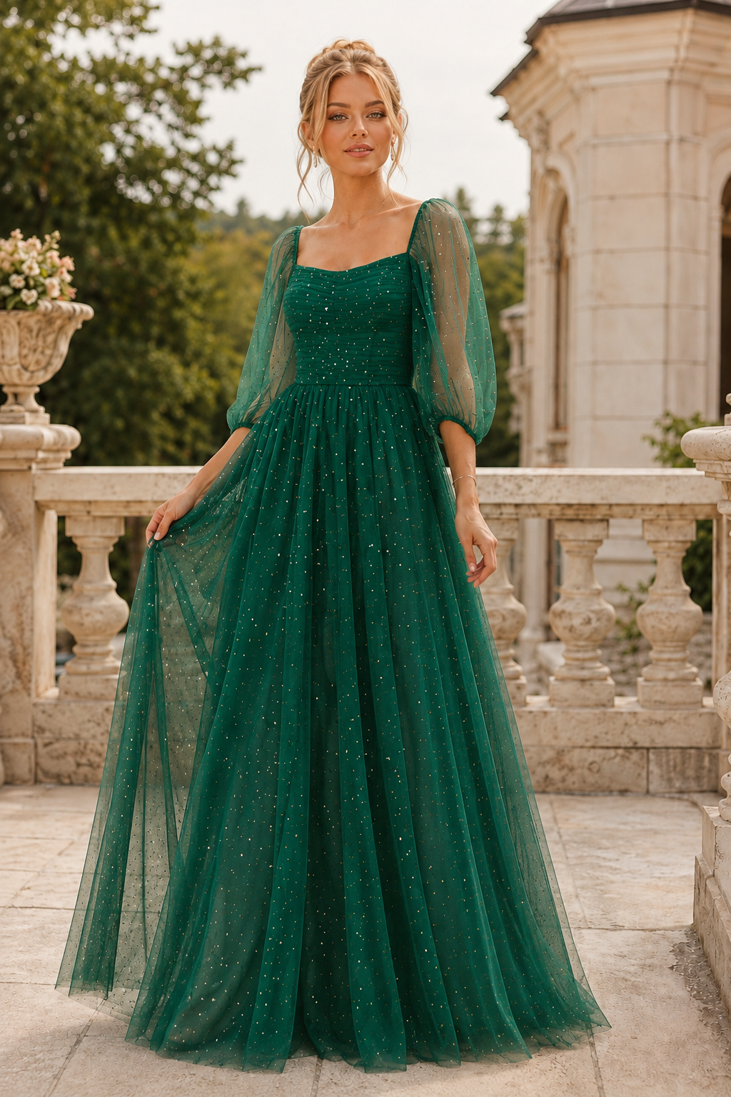 Kalsette A Line Square Neckline 3 4 Sleeve Floor Length Tulle Prom Dress
