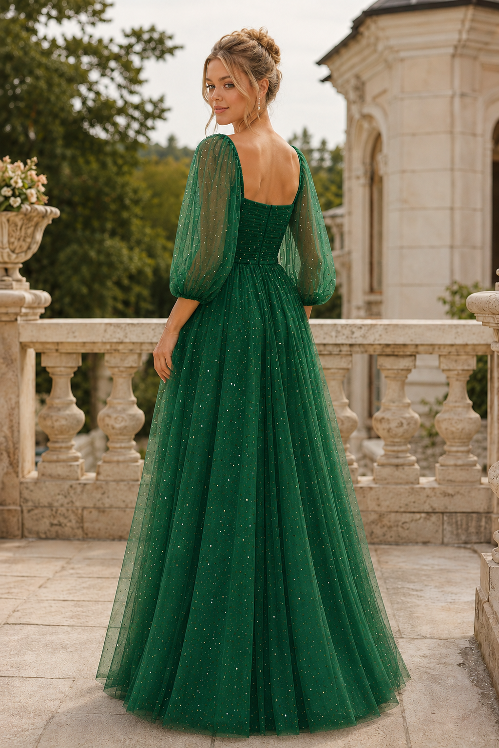 Kalsette A Line Square Neckline 3 4 Sleeve Floor Length Tulle Prom Dress