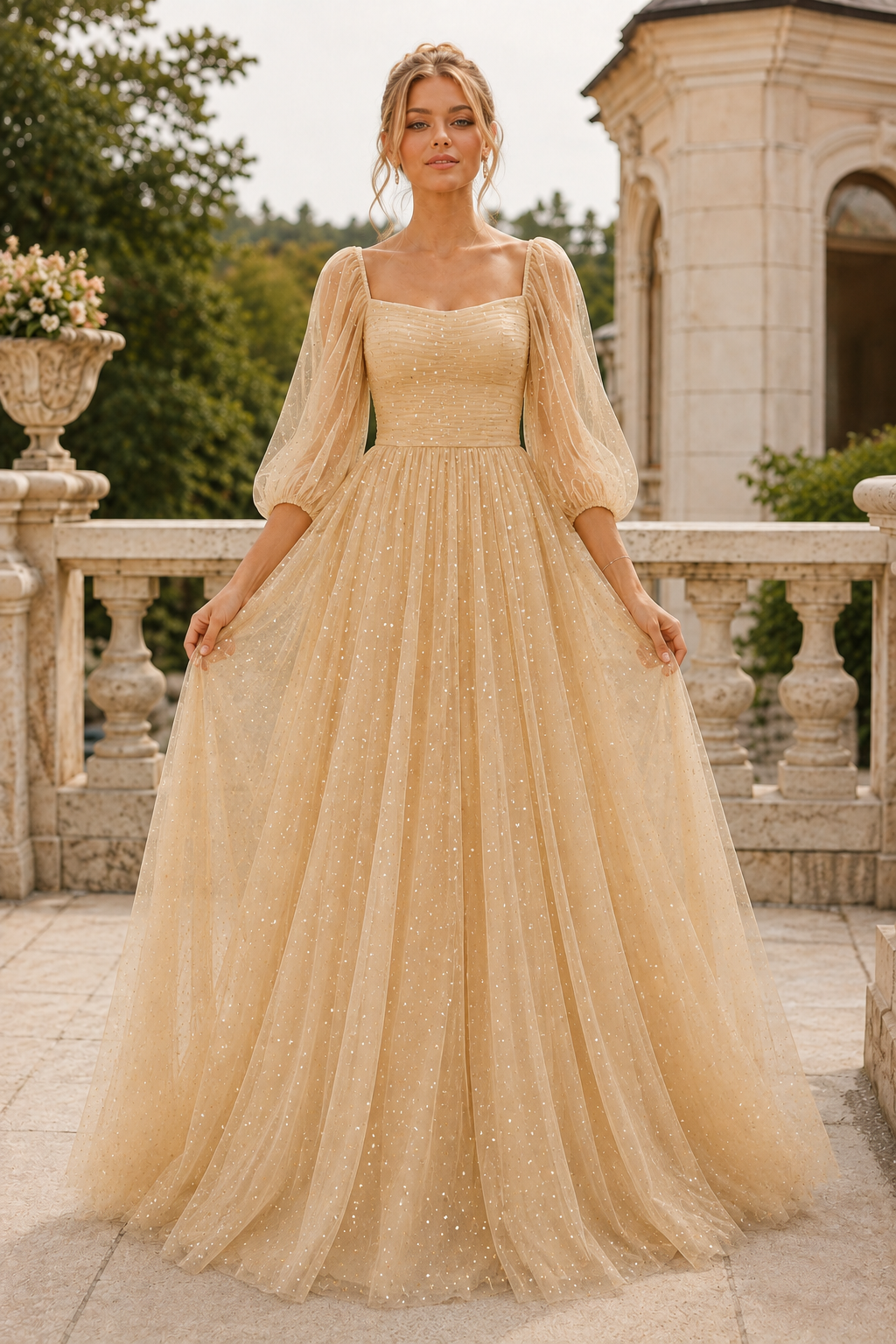 Kalsette A Line Square Neckline 3 4 Sleeve Floor Length Tulle Prom Dress