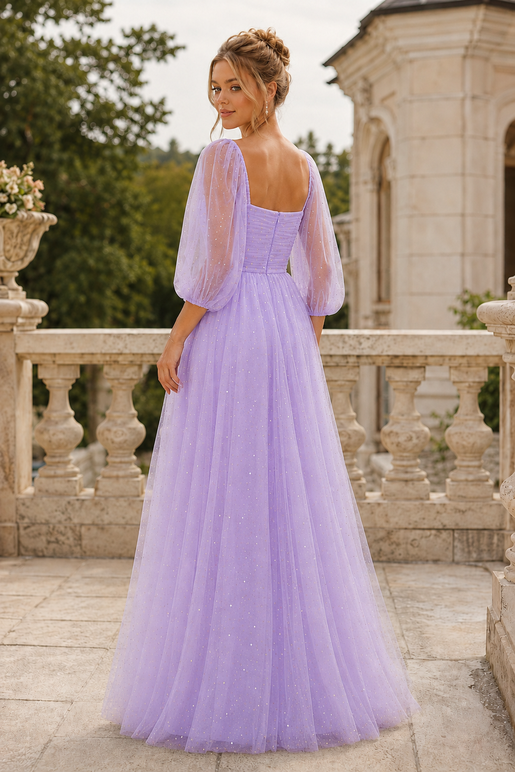 Kalsette A Line Square Neckline 3 4 Sleeve Floor Length Tulle Prom Dress