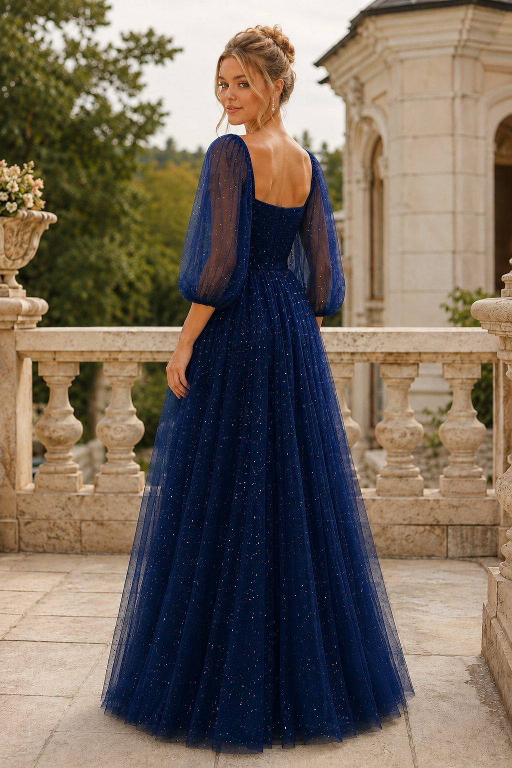 Kalsette A Line Square Neckline 3 4 Sleeve Floor Length Tulle Prom Dress