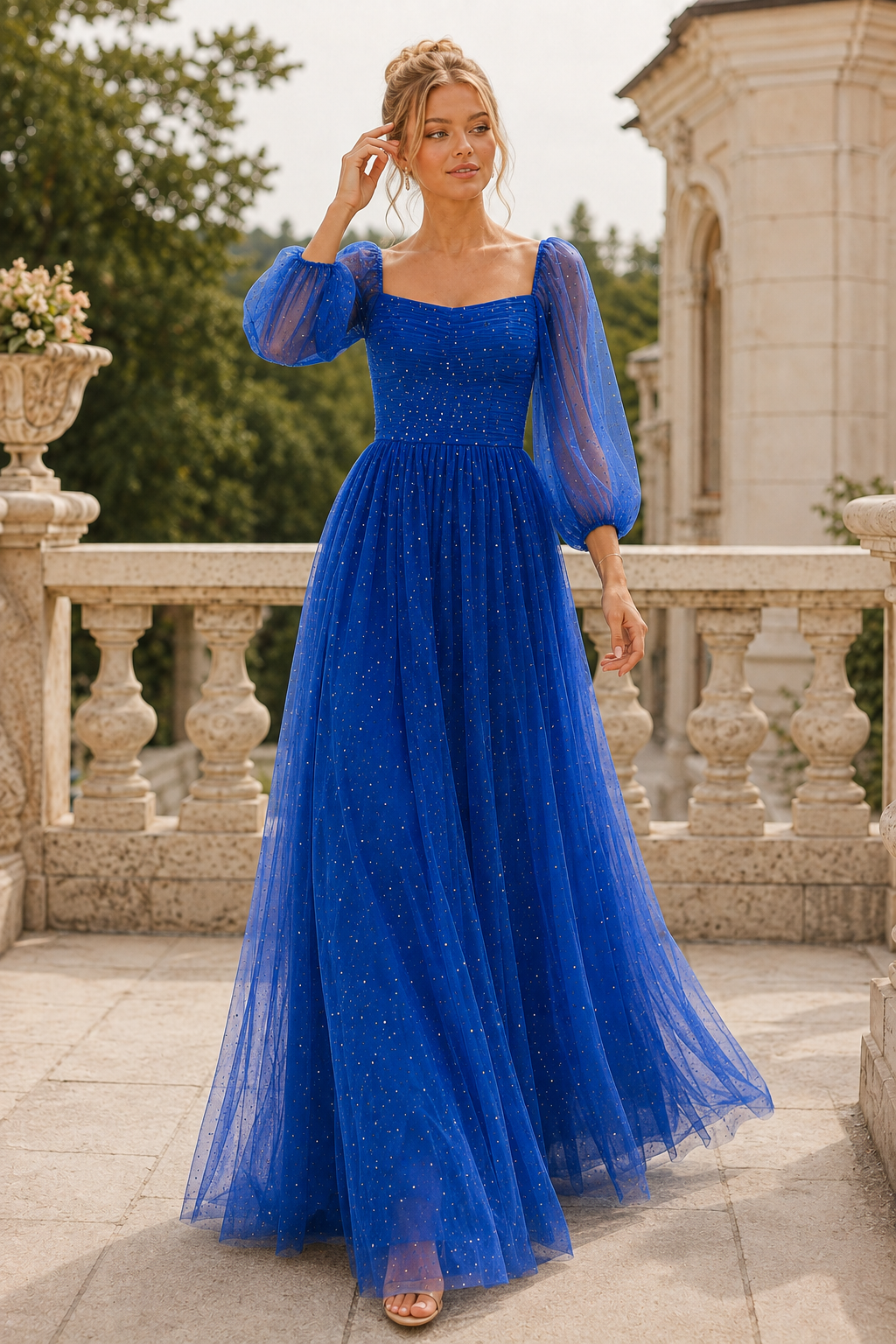 Kalsette A Line Square Neckline 3 4 Sleeve Floor Length Tulle Prom Dress