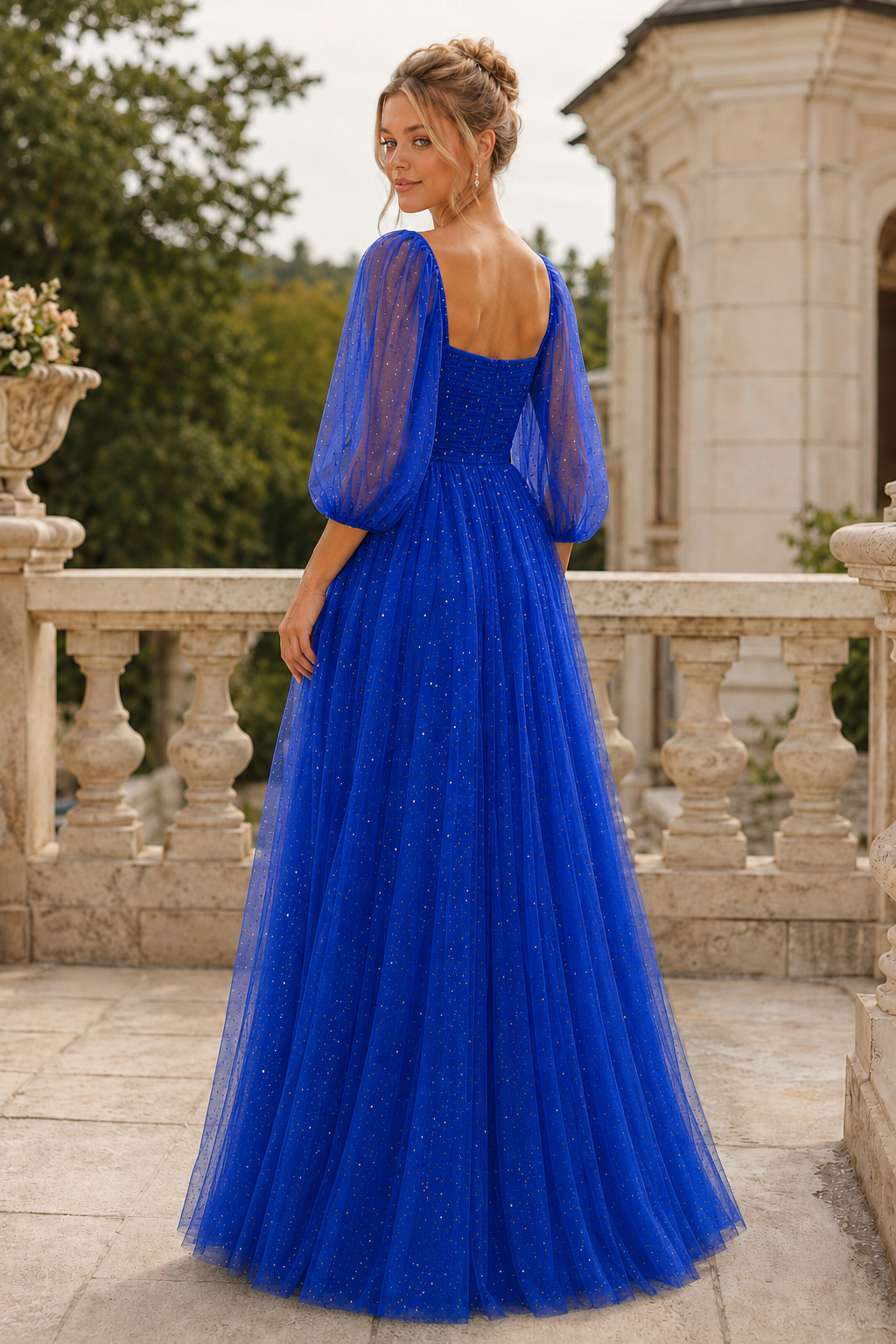 Kalsette A Line Square Neckline 3 4 Sleeve Floor Length Tulle Prom Dress