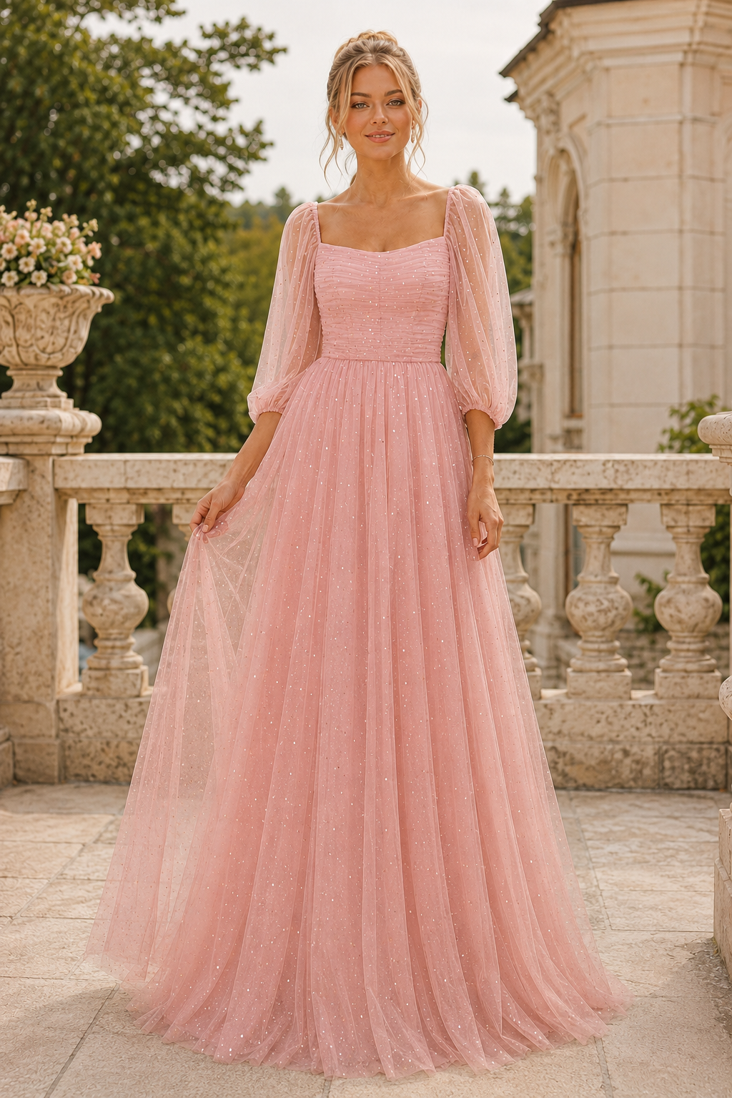 Kalsette A Line Square Neckline 3 4 Sleeve Floor Length Tulle Prom Dress