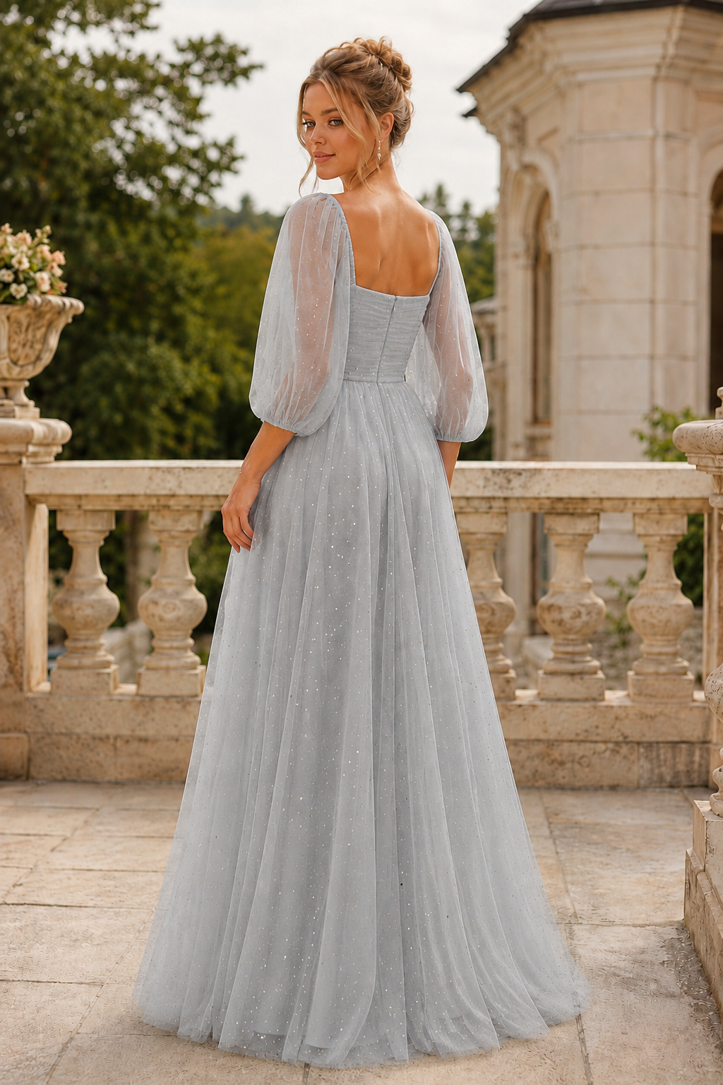 Kalsette A Line Square Neckline 3 4 Sleeve Floor Length Tulle Prom Dress