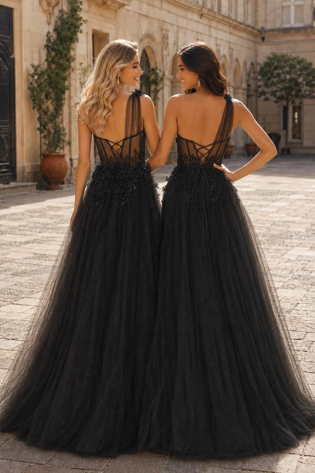 Estlisse A Line One Shoulder Sleeveless Sweep Train Tulle Prom Dress