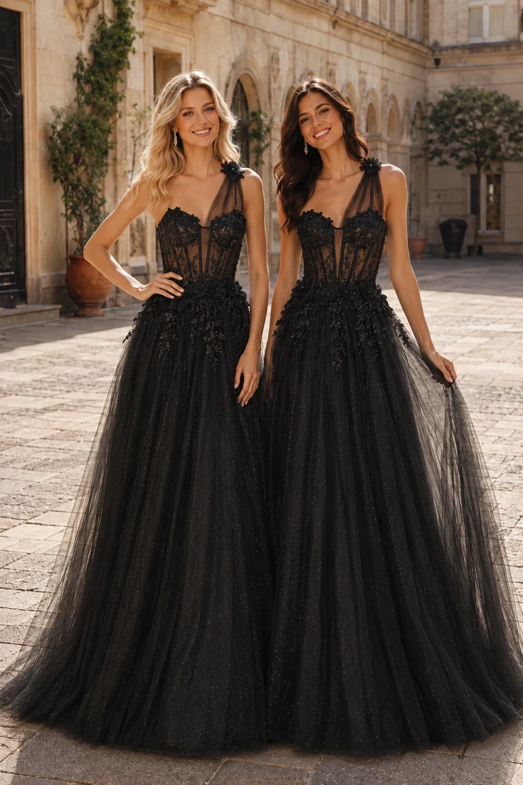 Estlisse A Line One Shoulder Sleeveless Sweep Train Tulle Prom Dress
