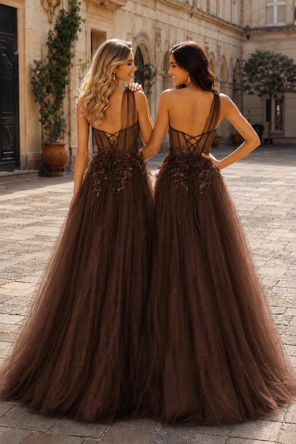 Estlisse A Line One Shoulder Sleeveless Sweep Train Tulle Prom Dress