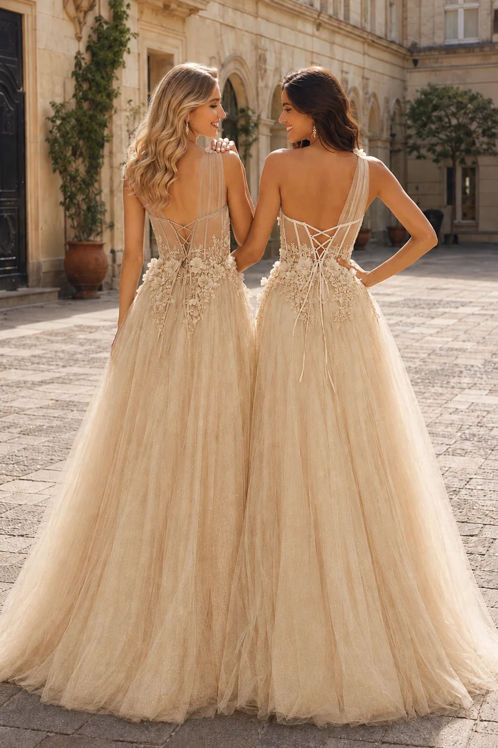 Estlisse A Line One Shoulder Sleeveless Sweep Train Tulle Prom Dress