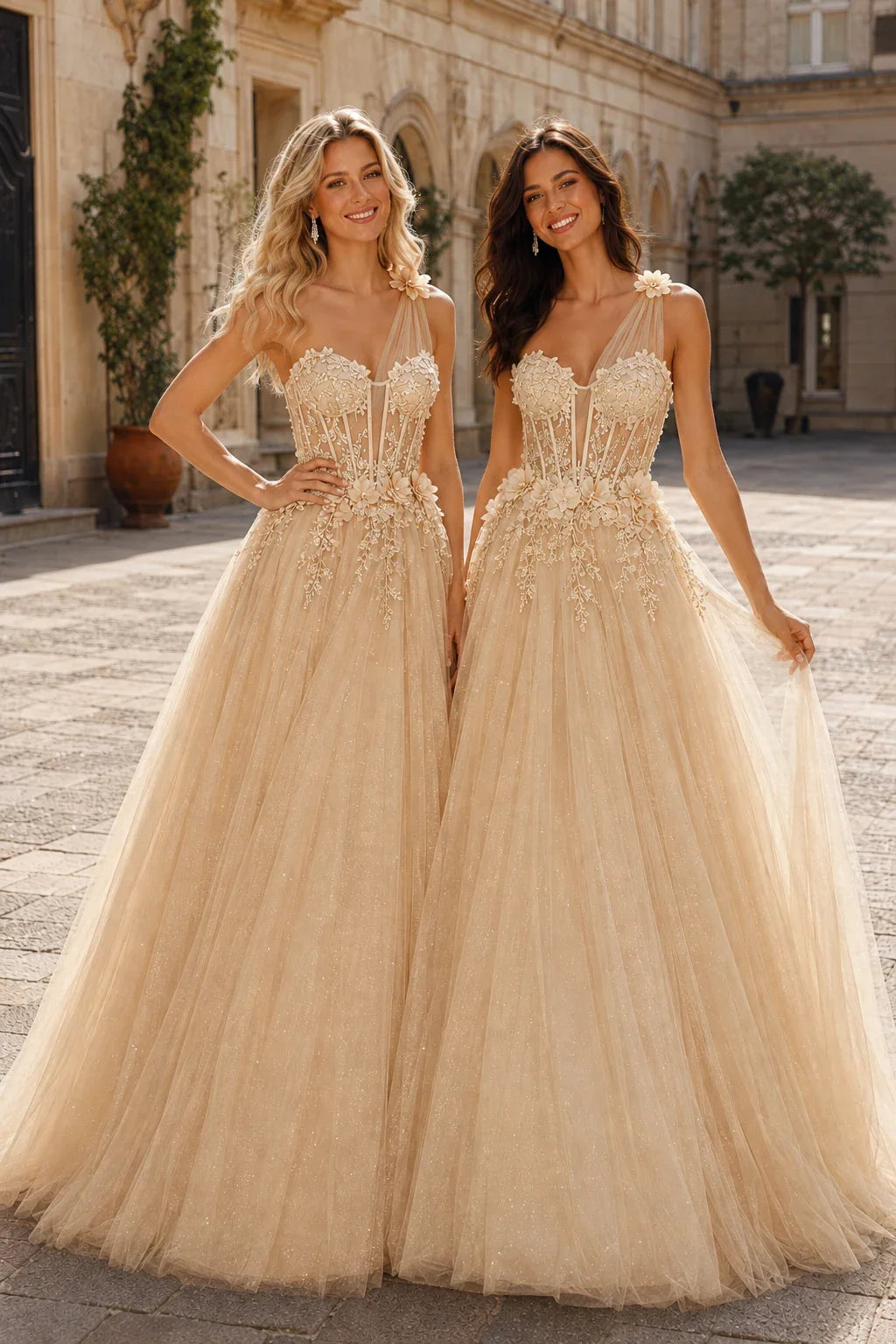 Estlisse A Line One Shoulder Sleeveless Sweep Train Tulle Prom Dress