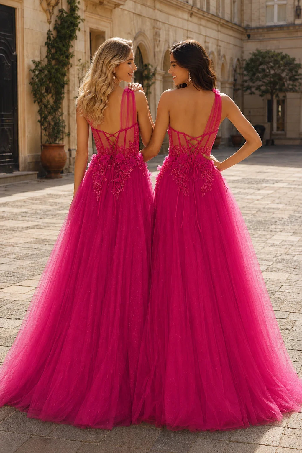 Estlisse A Line One Shoulder Sleeveless Sweep Train Tulle Prom Dress