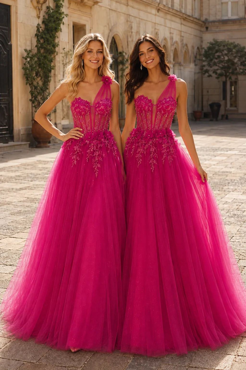 Estlisse A Line One Shoulder Sleeveless Sweep Train Tulle Prom Dress