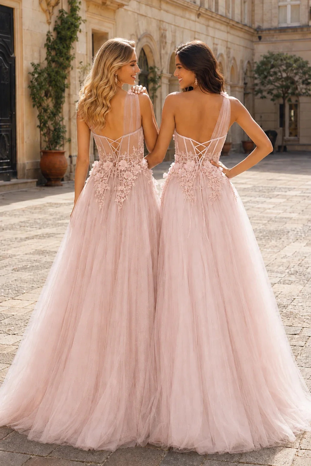 Estlisse A Line One Shoulder Sleeveless Sweep Train Tulle Prom Dress