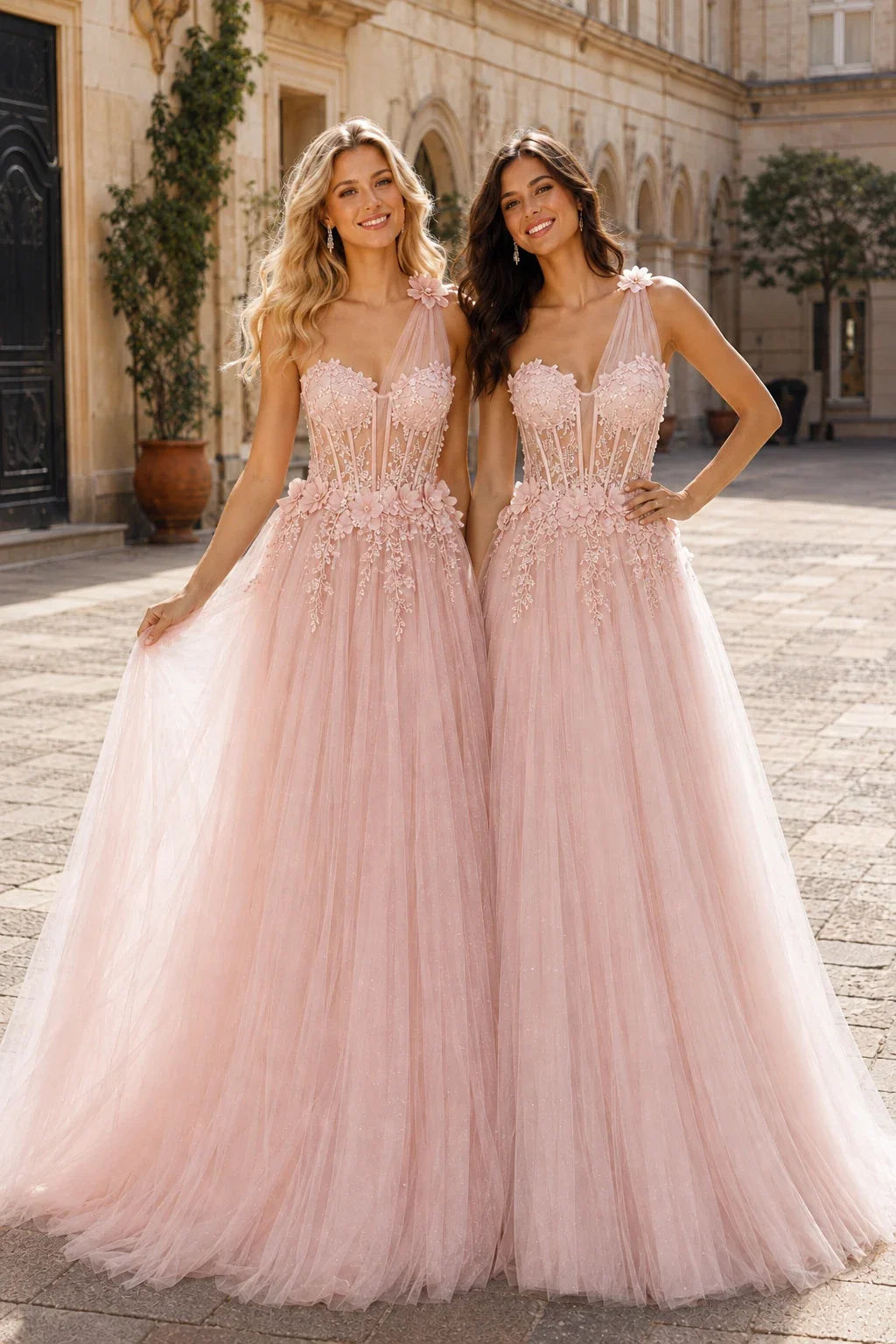 Estlisse A Line One Shoulder Sleeveless Sweep Train Tulle Prom Dress