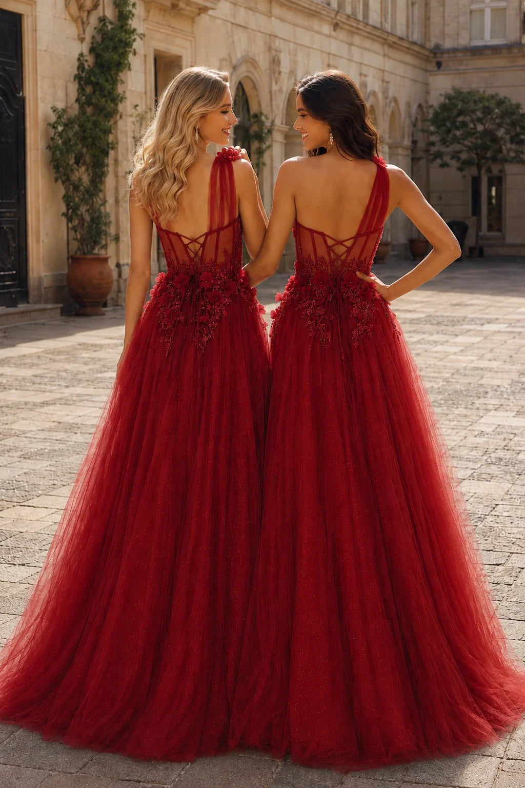 Estlisse A Line One Shoulder Sleeveless Sweep Train Tulle Prom Dress