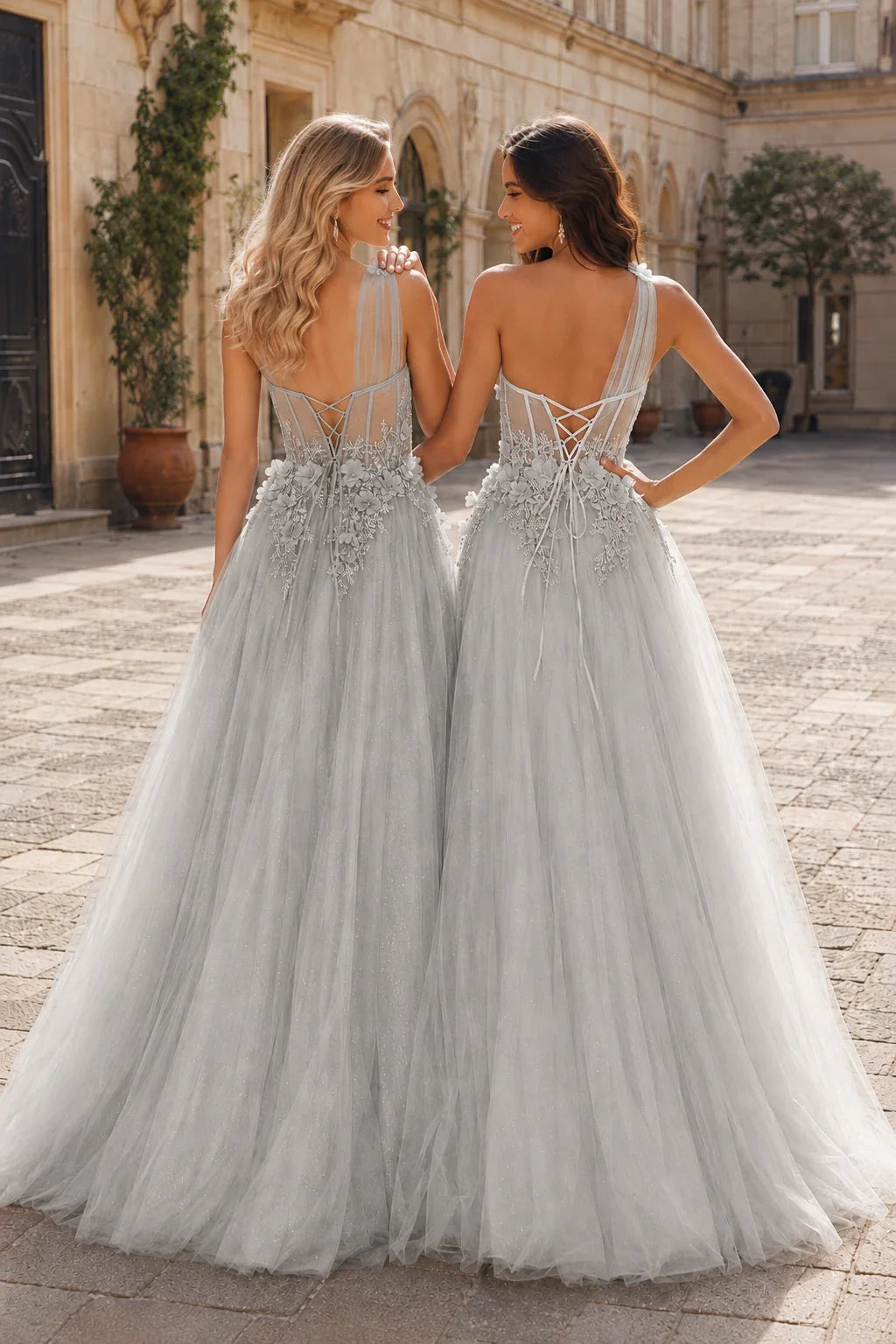 Estlisse A Line One Shoulder Sleeveless Sweep Train Tulle Prom Dress