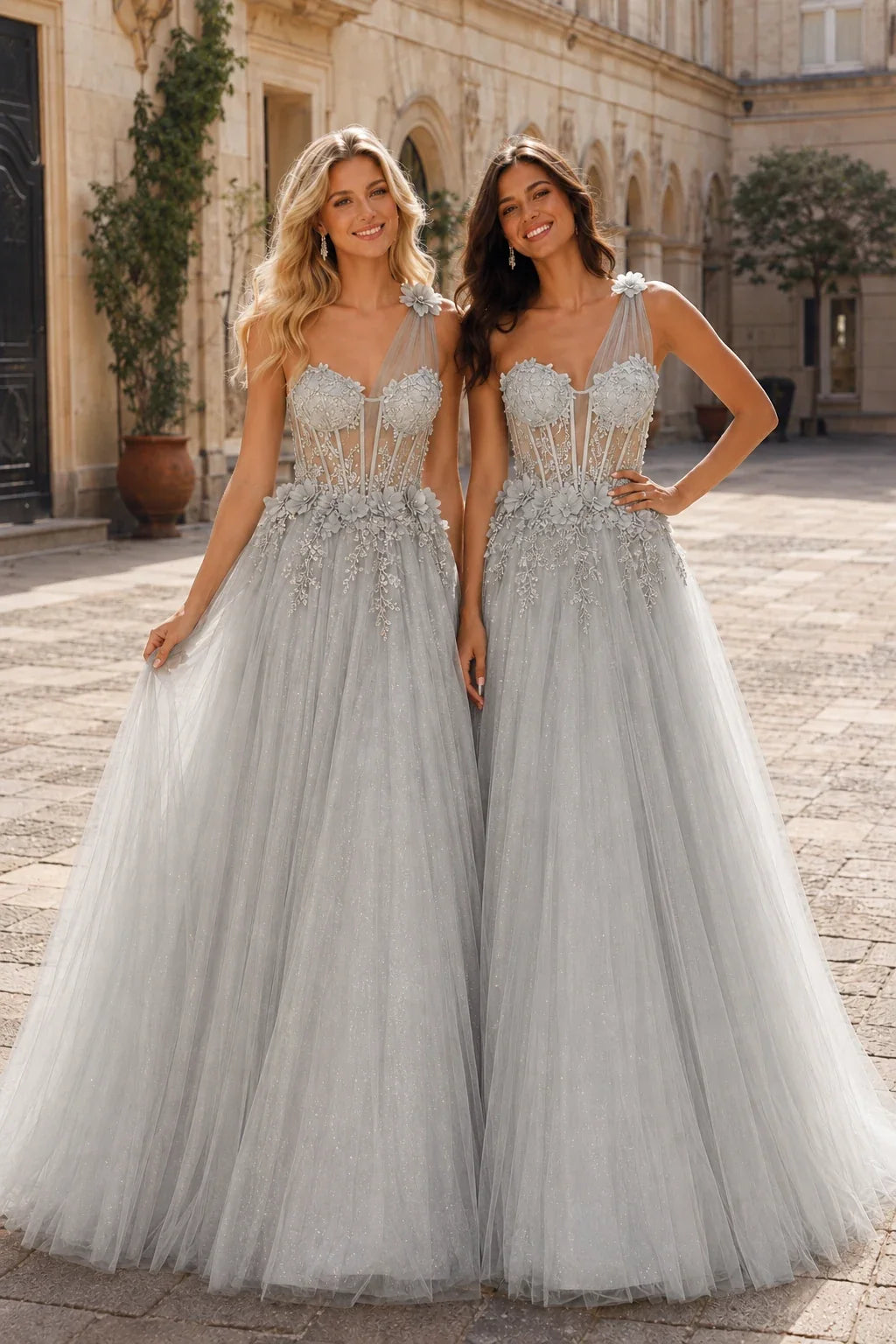 Estlisse A Line One Shoulder Sleeveless Sweep Train Tulle Prom Dress