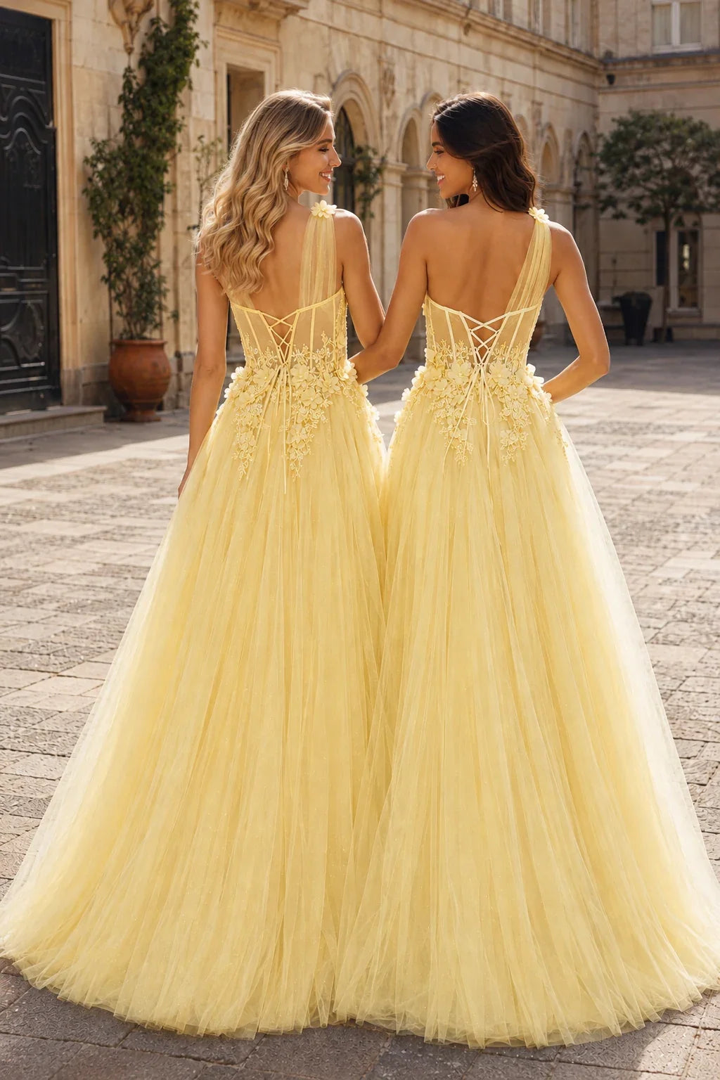 Estlisse A Line One Shoulder Sleeveless Sweep Train Tulle Prom Dress