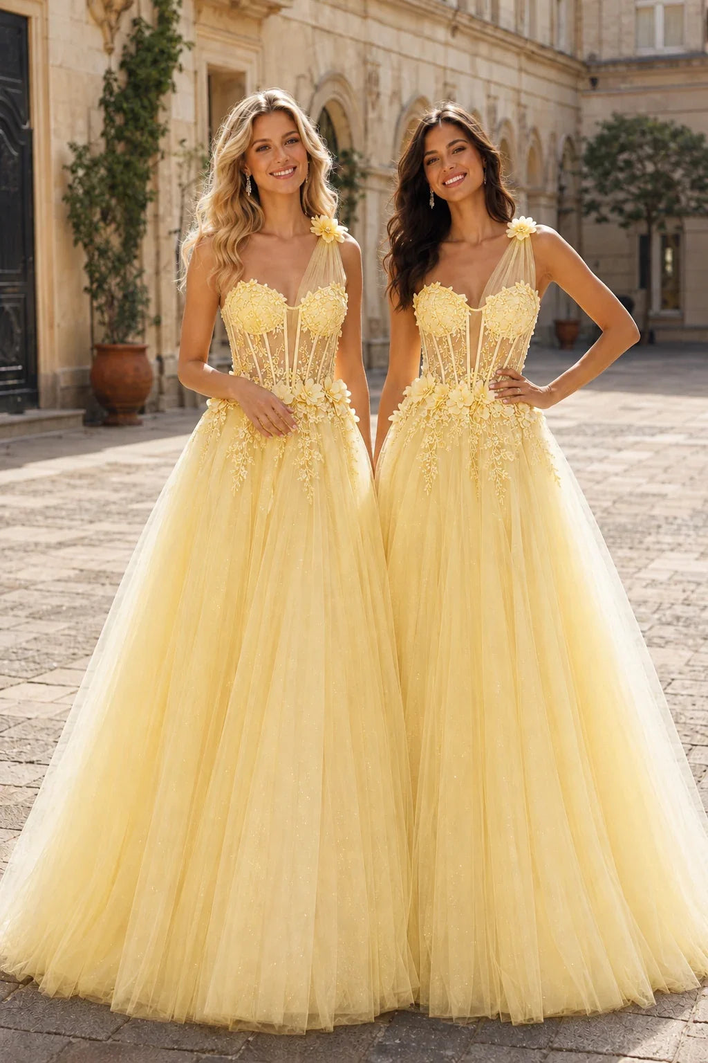 Estlisse A Line One Shoulder Sleeveless Sweep Train Tulle Prom Dress
