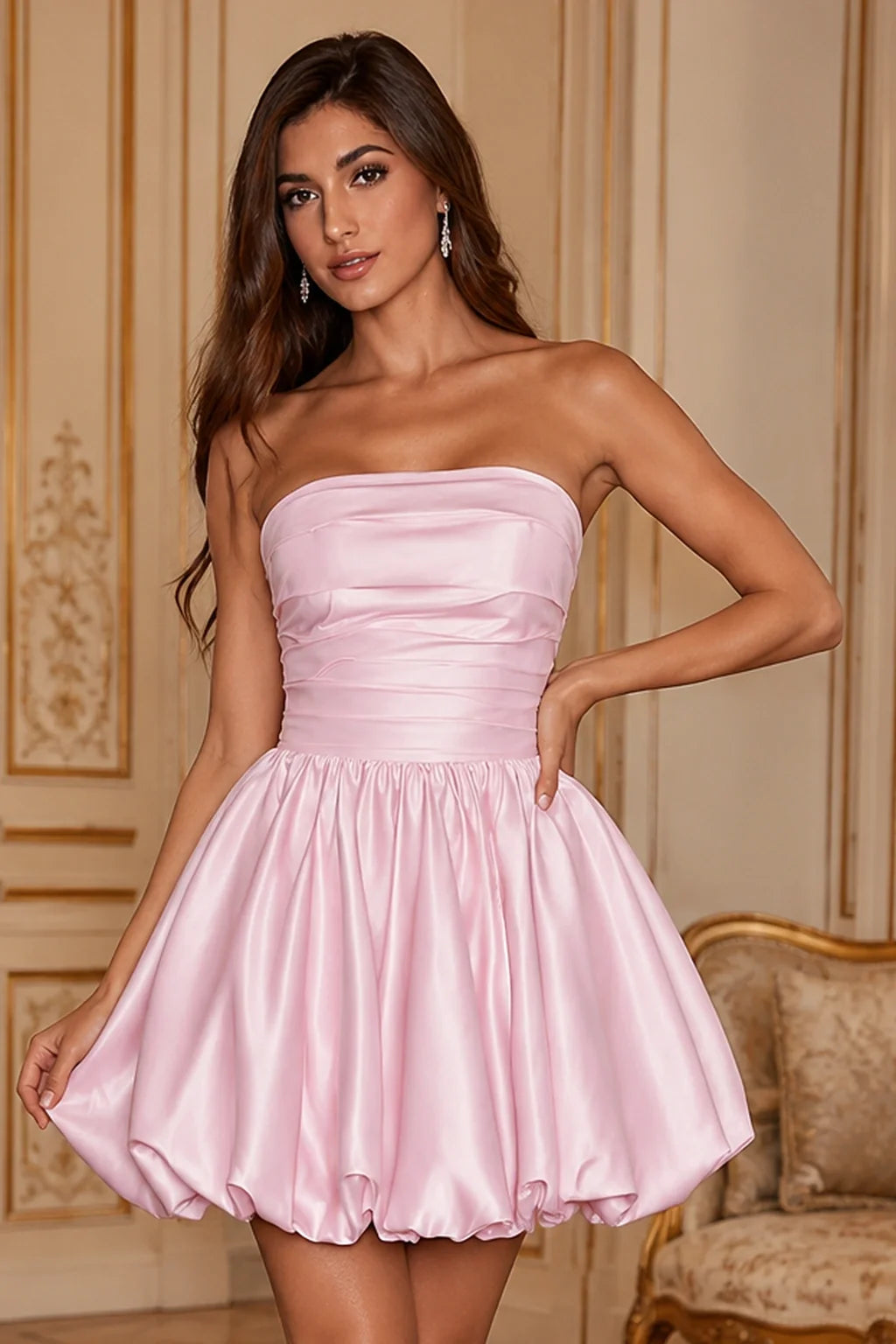 Greer Blush Pink Strapless Bubble-Hem Mini Homecoming Dress