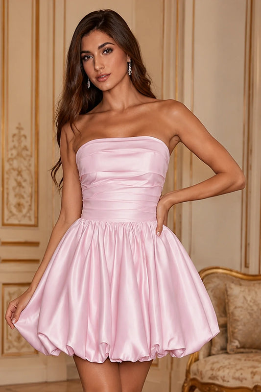 Greer Blush Pink Strapless Bubble-Hem Mini Homecoming Dress