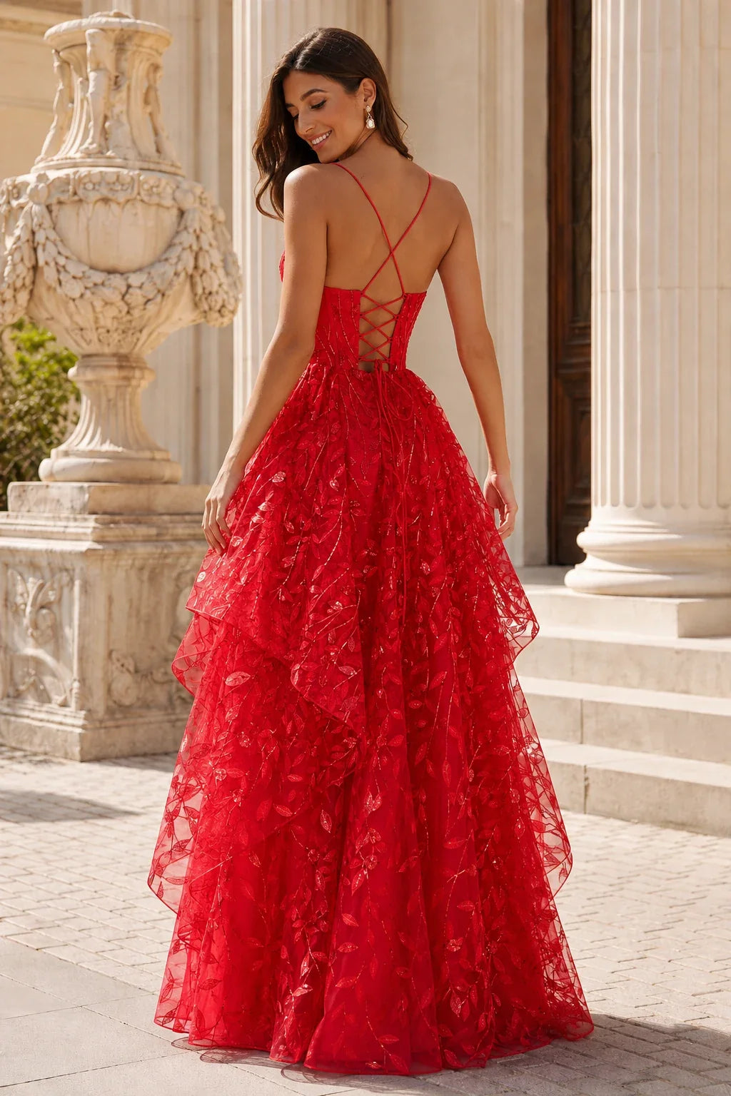 Jorlena Spaghetti-Strap Embellished A-Line Prom Dress