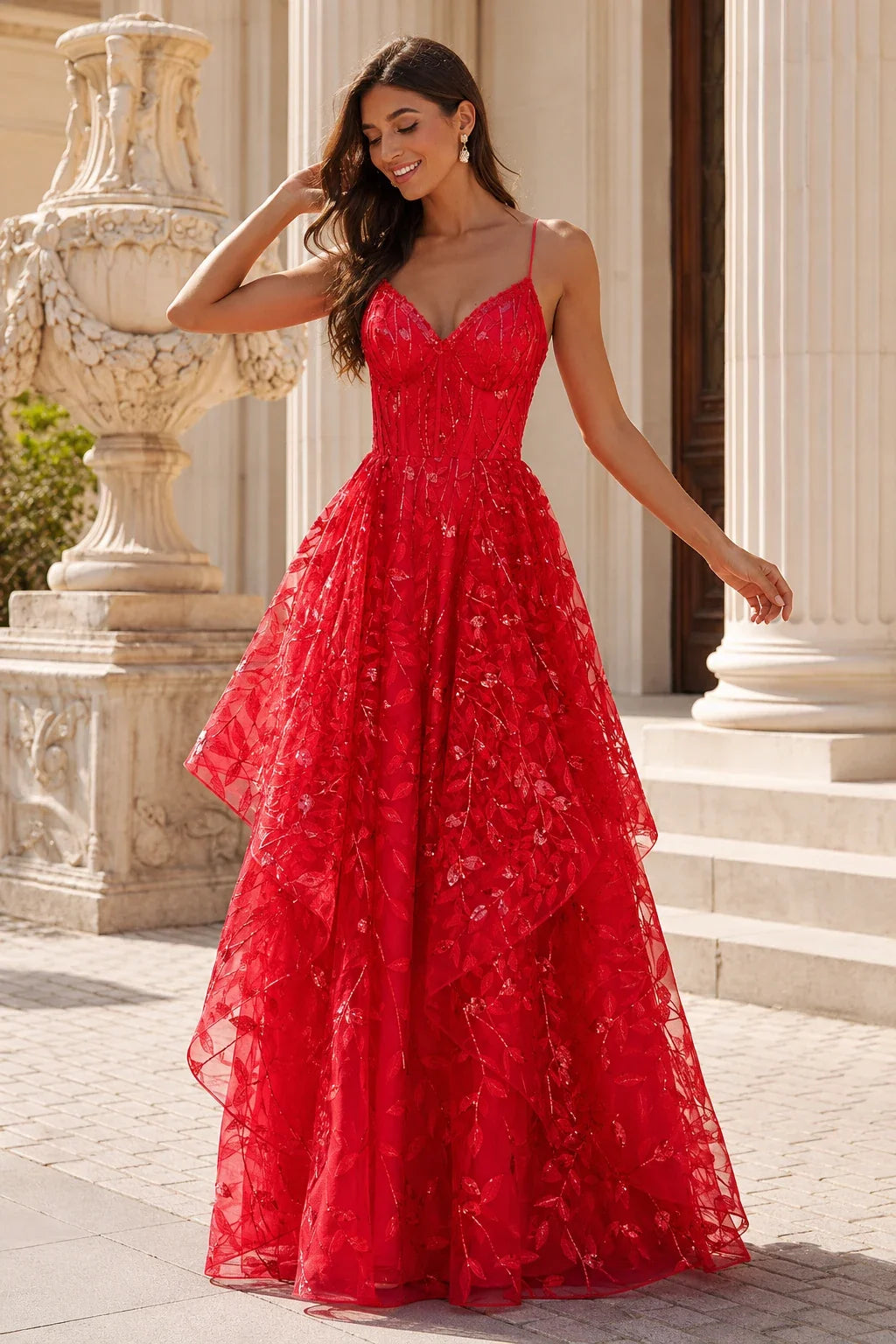 Jorlena Spaghetti-Strap Embellished A-Line Prom Dress