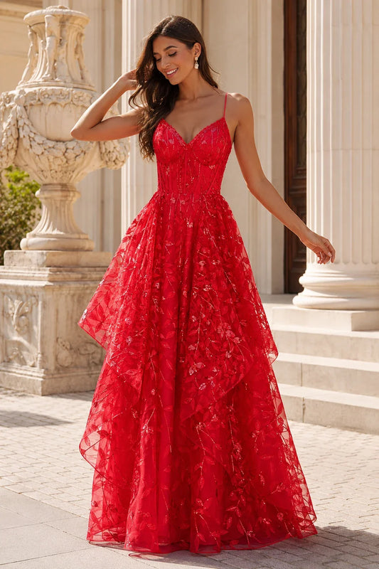 Jorlena Spaghetti-Strap Embellished A-Line Prom Dress