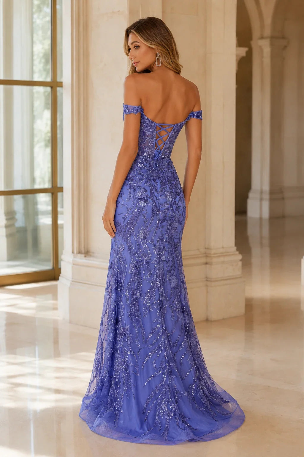 Jorvella Periwinkle Off-the-Shoulder Embellished Gown with Slit Prom Dress