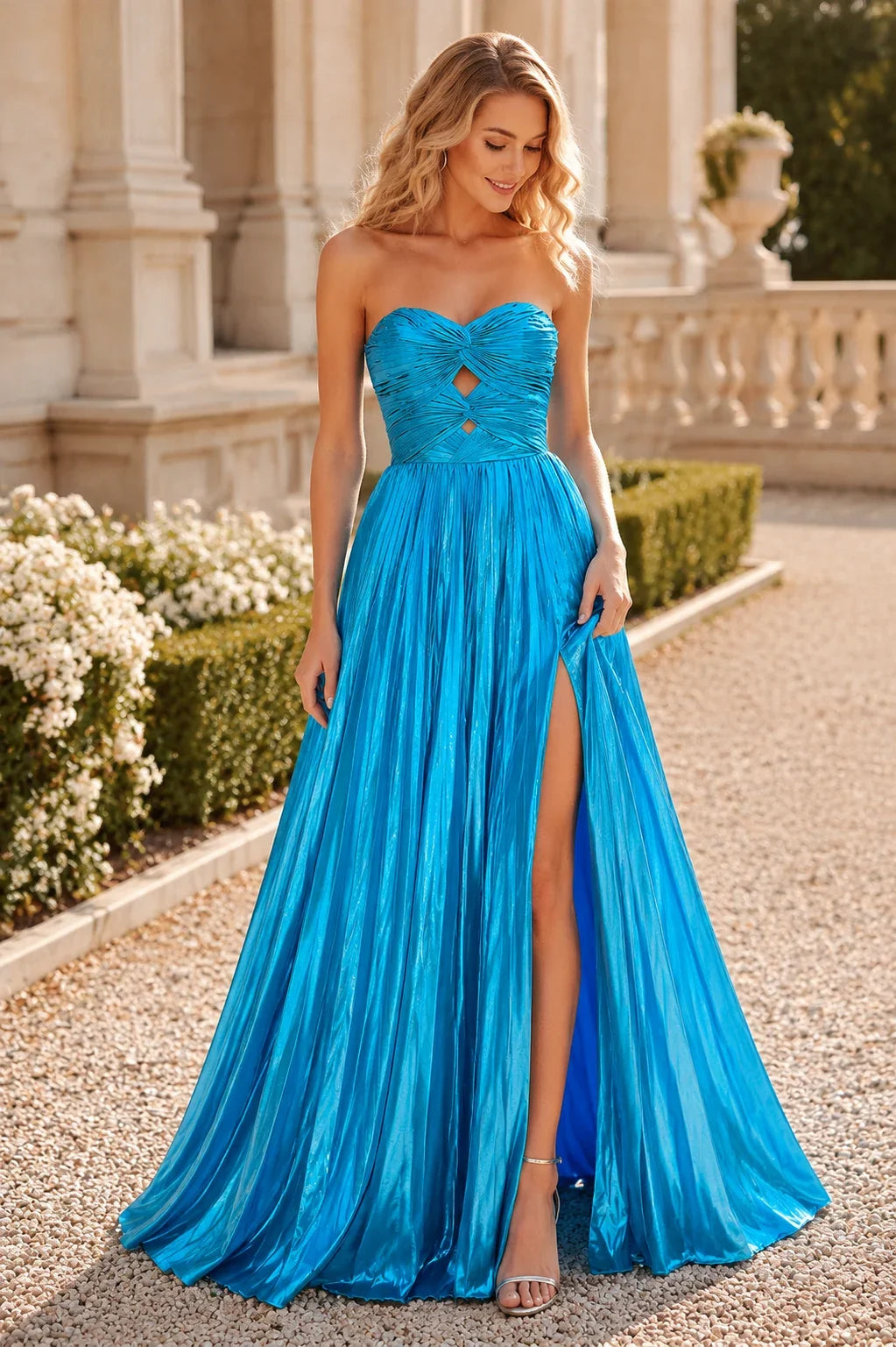 Jornette Turquoise Strapless Embellished Gown with Slit Prom Dress
