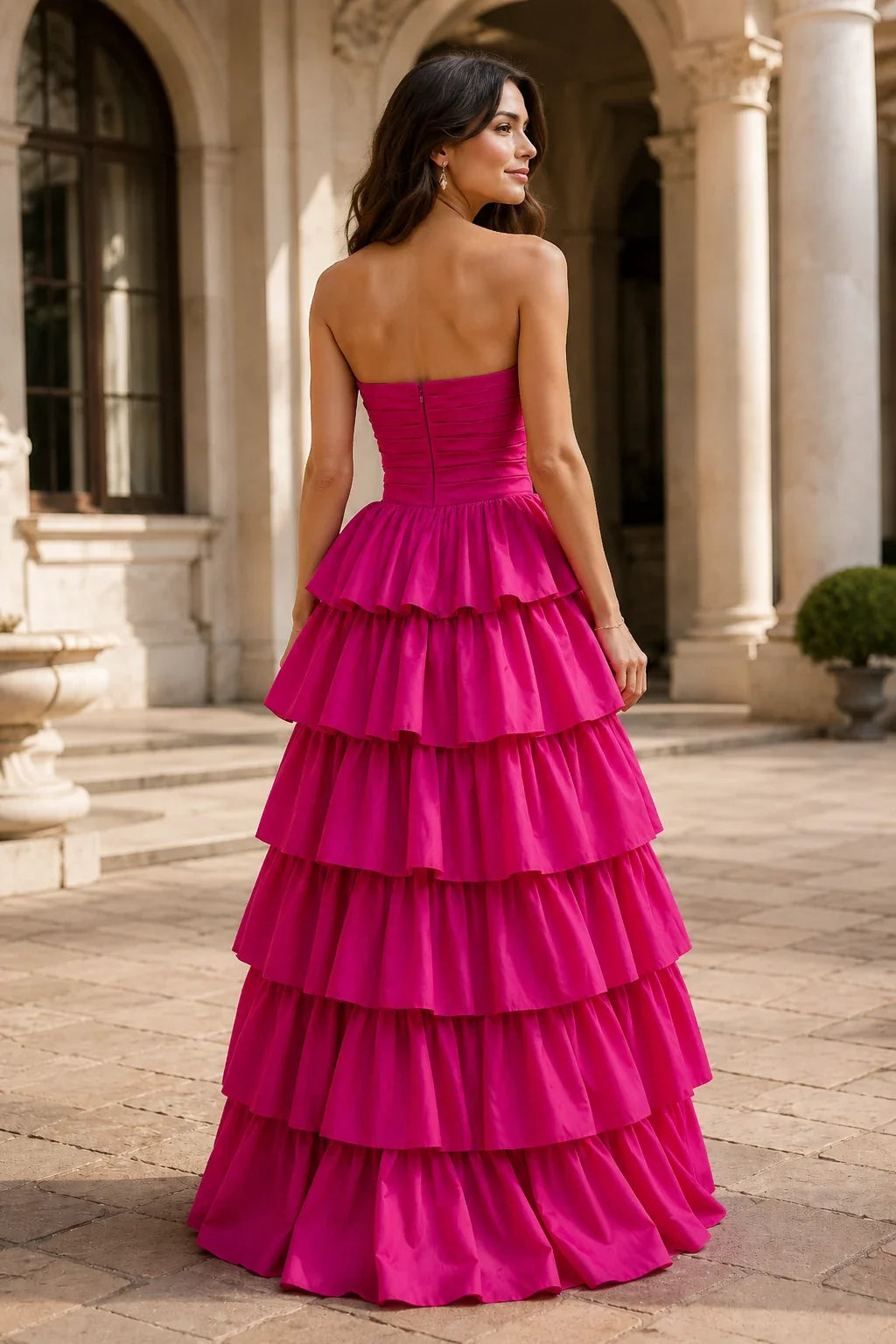 Helthia Strapless Tiered Ruffle Gown with Slit Prom Dress