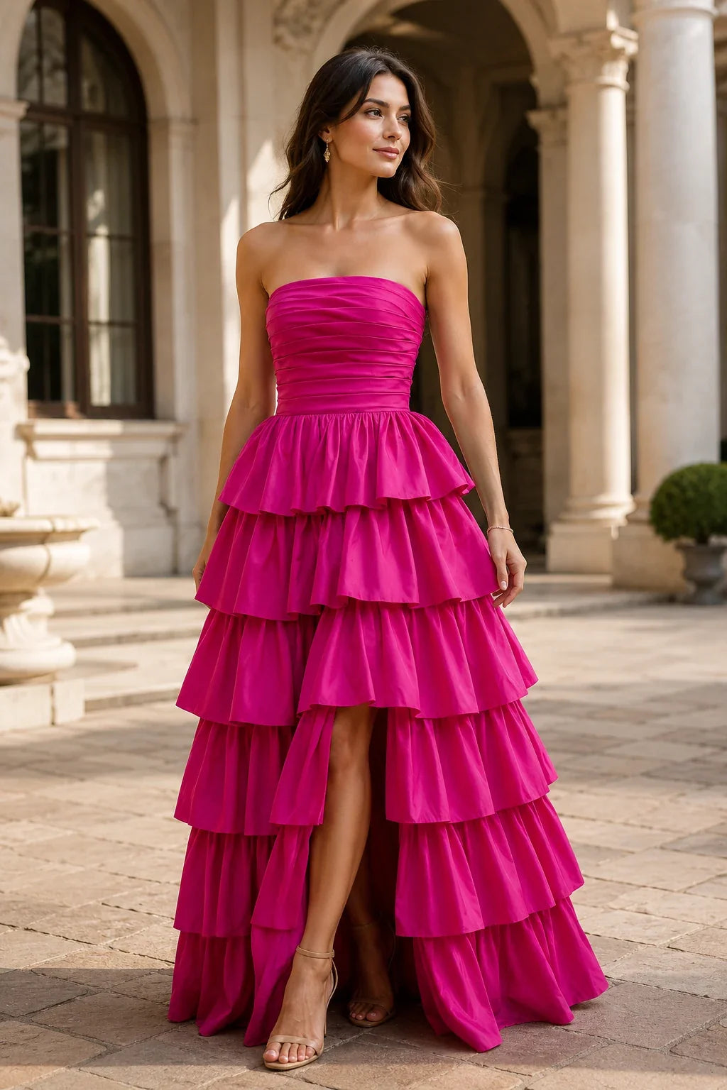 Helthia Strapless Tiered Ruffle Gown with Slit Prom Dress