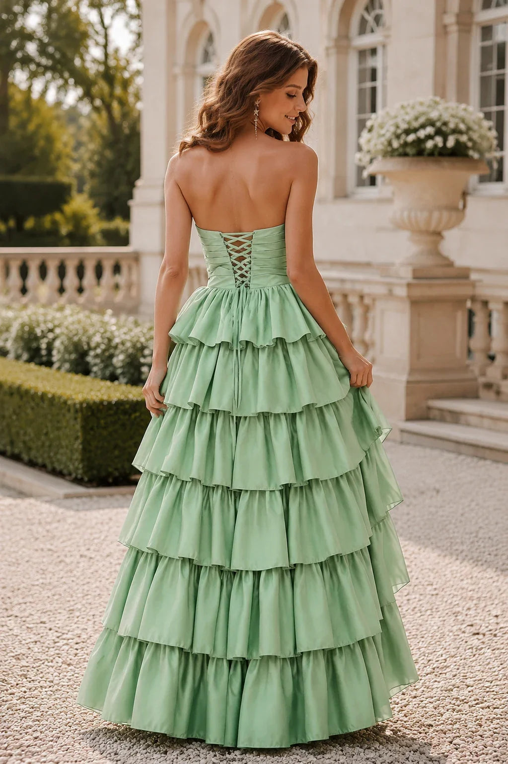Helthia Strapless Tiered Ruffle Gown with Slit Prom Dress